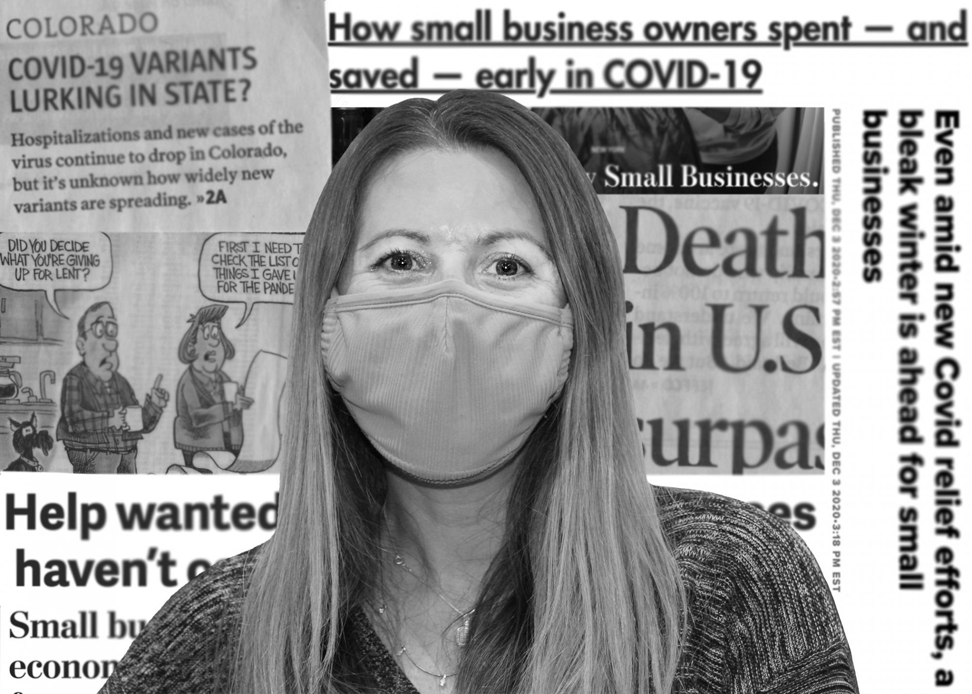 Person wearing a mask in front of a collage of newspaper cut-outs