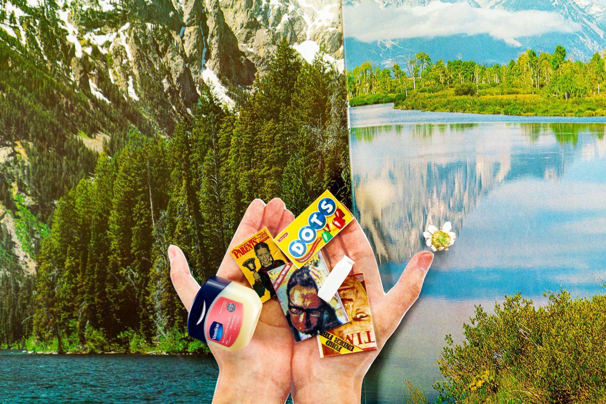 Collage of hands holding candy and vaseline, with trees, mountains and lakes in background
