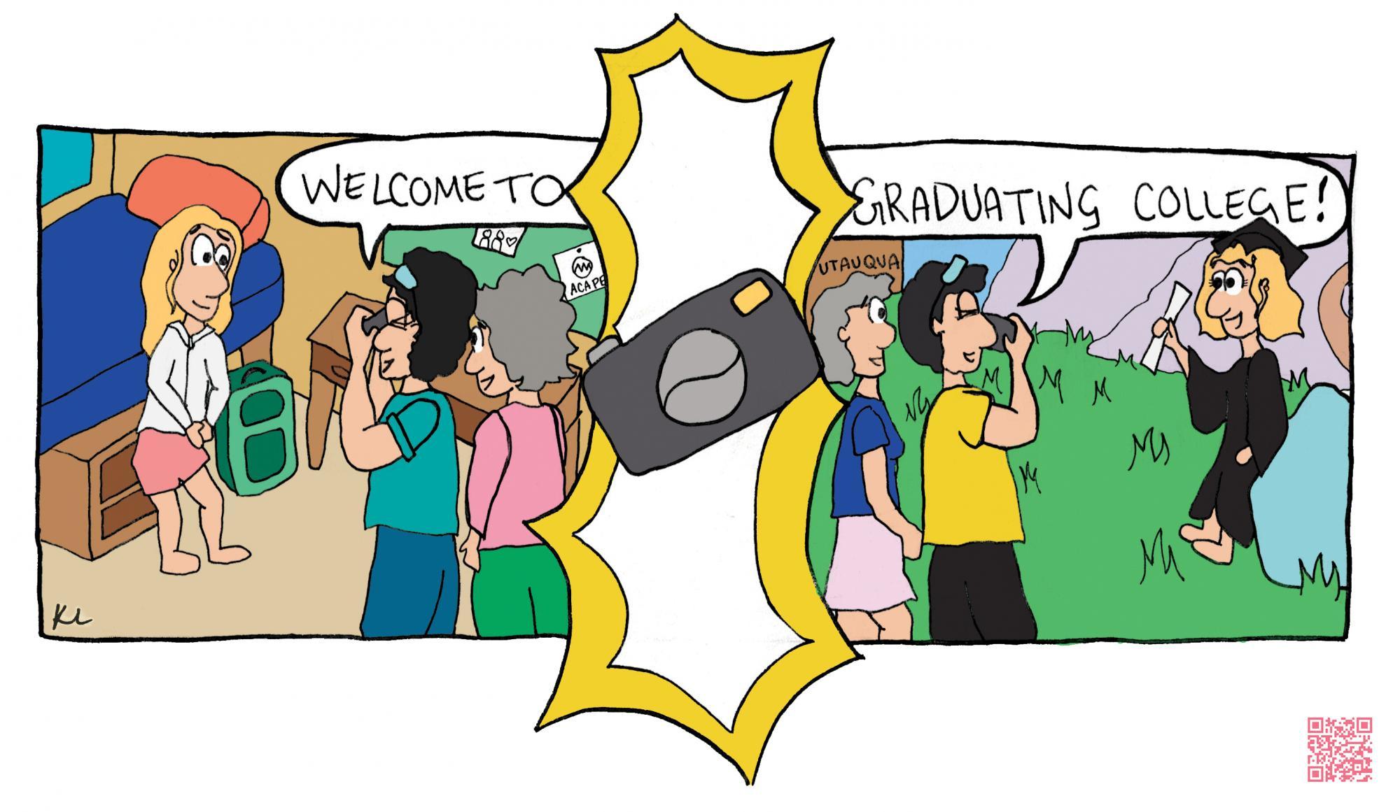 Two panels of comic art with parents taking photos of college graduate