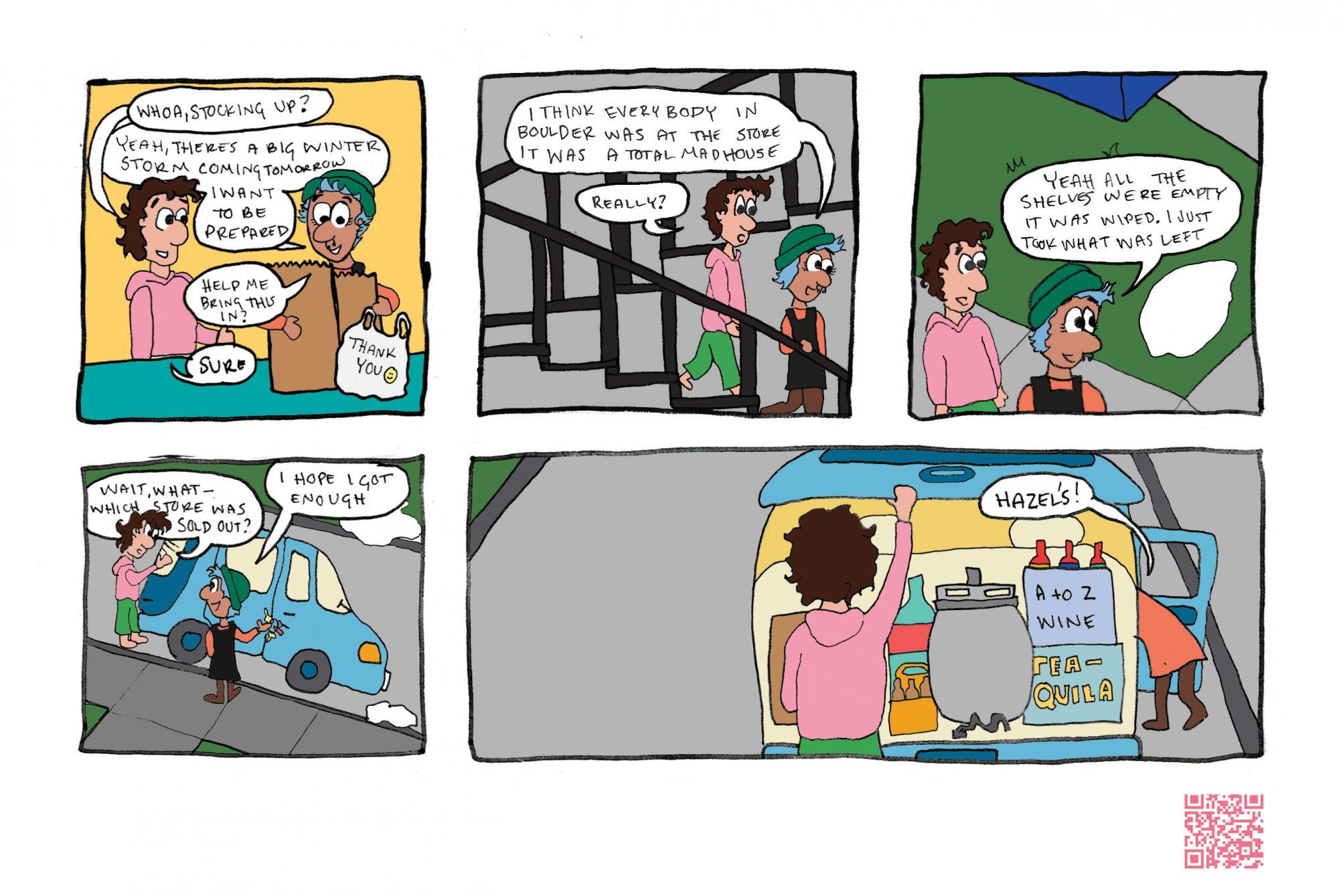 Five panels of comic art of college students stocking supplied during covid