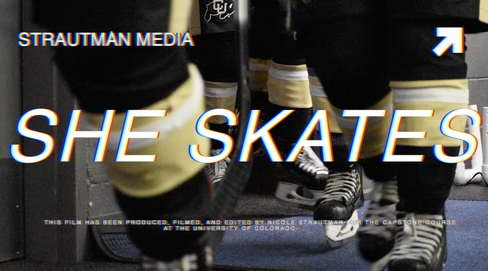Title page with written words "She Skates" overlayed on image of hockey skates walking