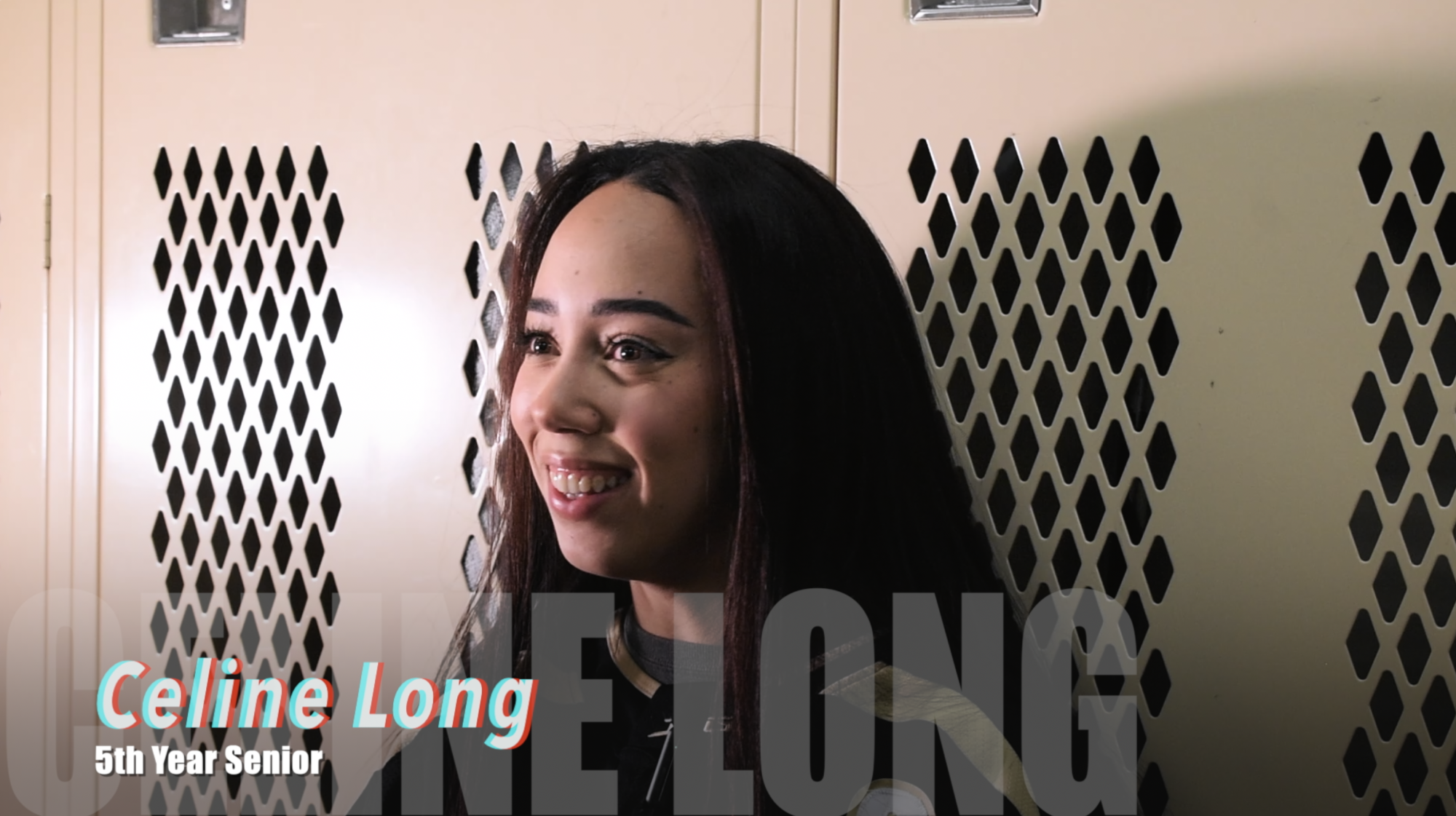 Interviewee "Celine Long" smiling as she introduces herself with her name placed in the bottom third