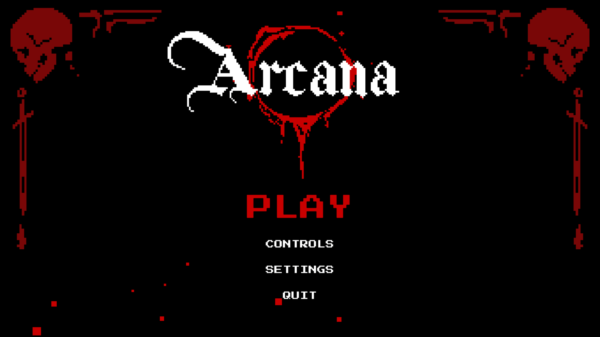 he title screen of the game. The Arcana logo, a calligraphic text inscribed in front of a circle of blood, floats over the main menu selection options while small red embers emit from the bottom of the screen.