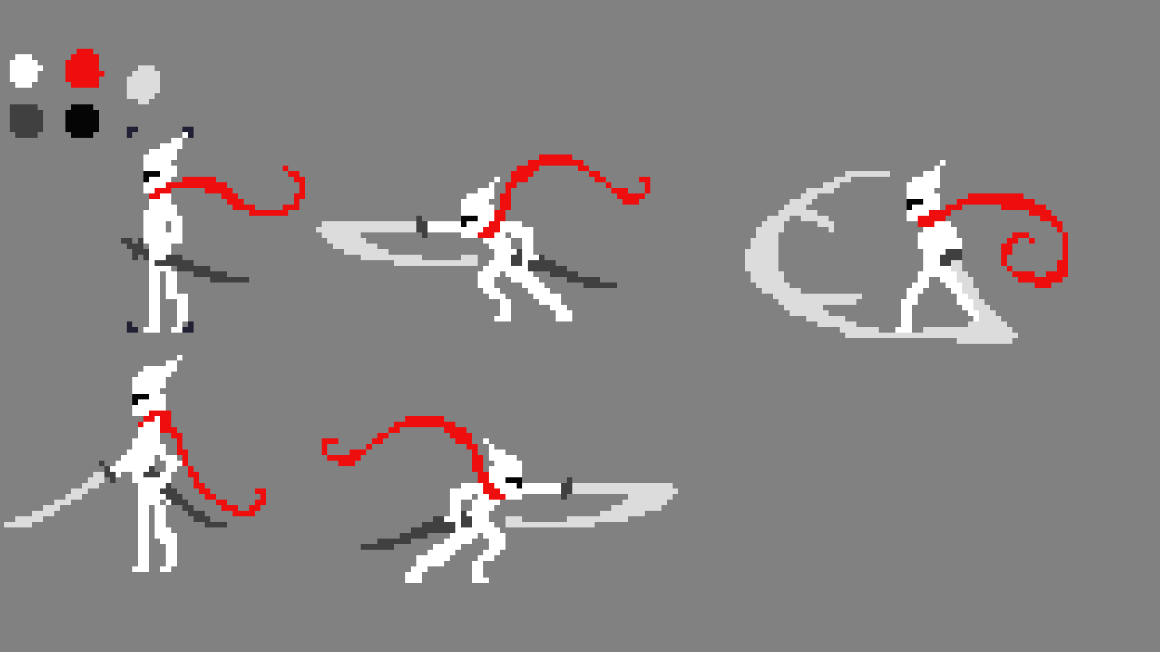 The first character sheet I made of the main character. The sheet features the knight in various action poses, slicing the katana forward in multiple mockup attack animations.