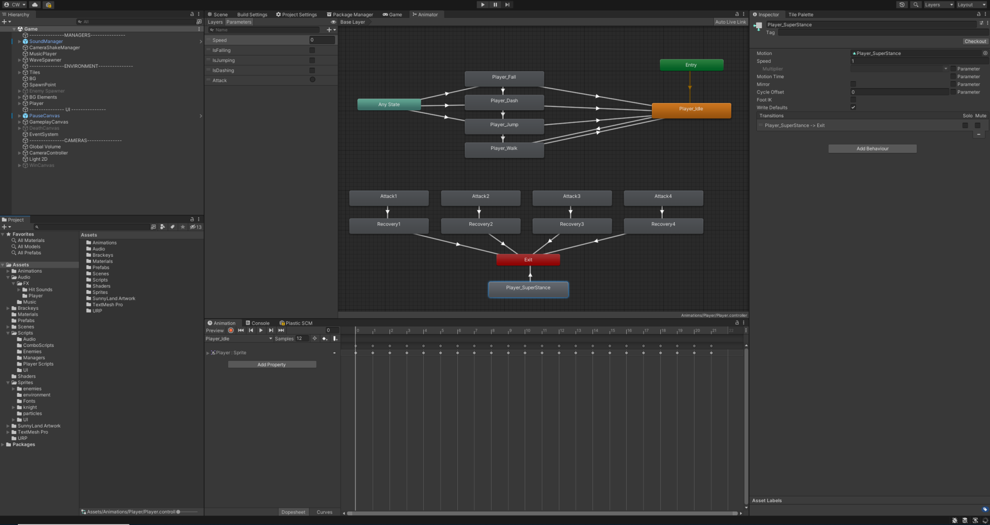 My typical workspace for the Unity game engine. The highlighted window shows the visual animator for the player character. Animation state boxes of various colors are connected together by arrows, dictating the flow of how the player's sprite can move.