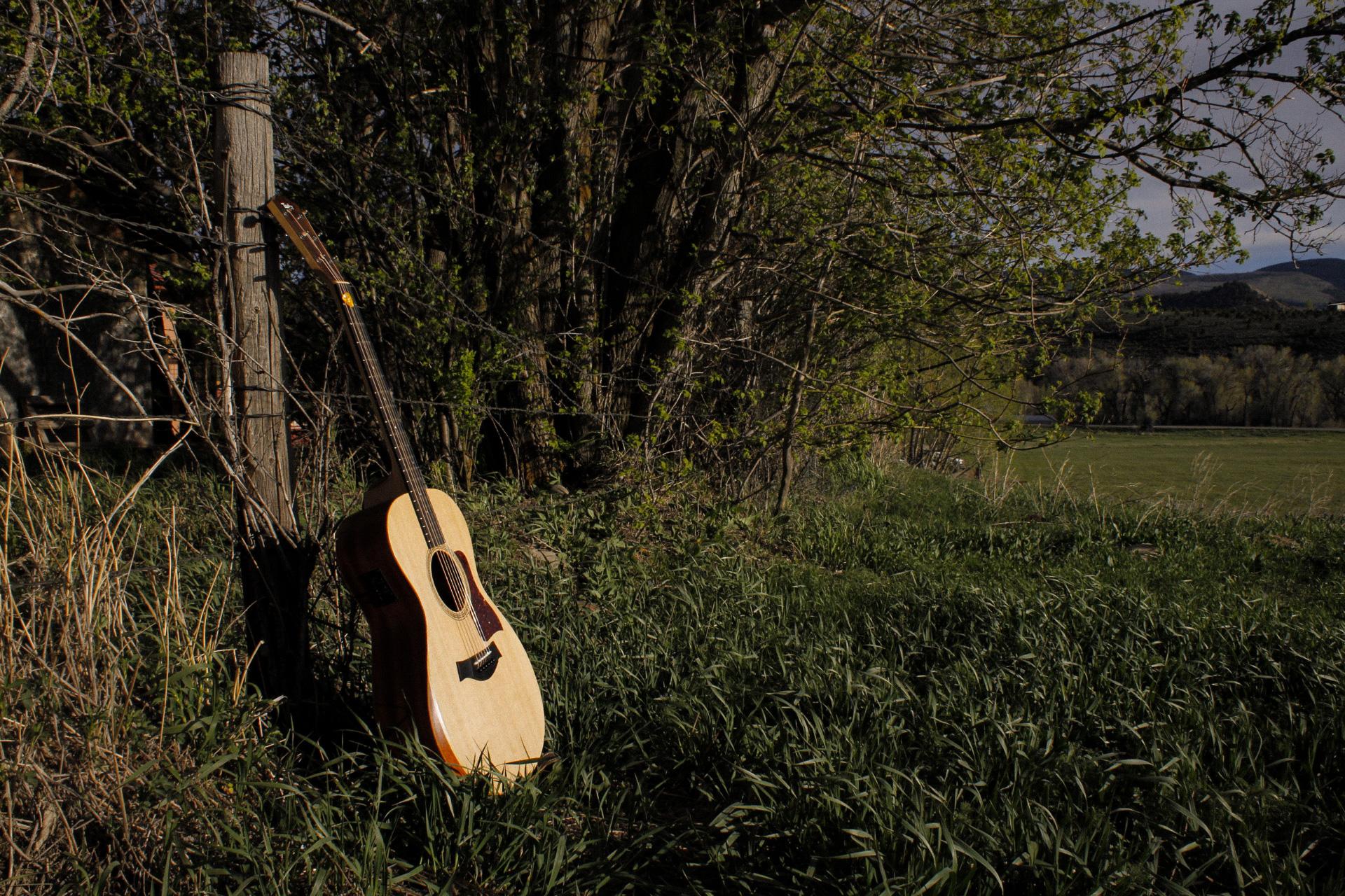 an acoustic guitar propped on a fence