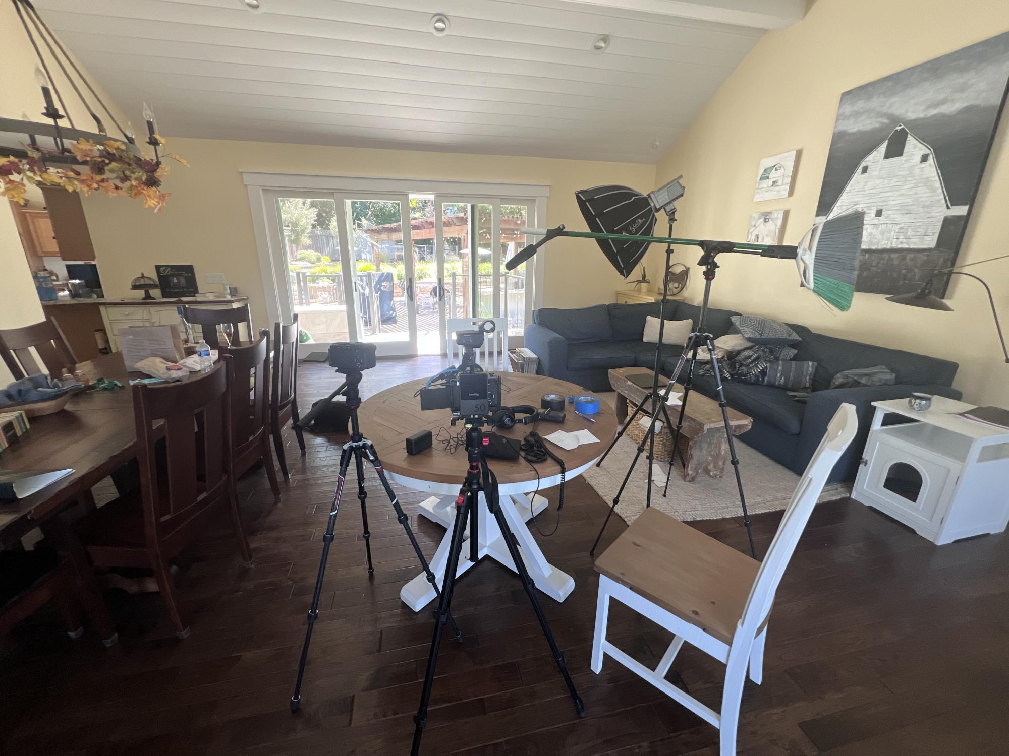 This is the interview setup that I made for my half aunts. You might notice my crafty "broom pole". This was used in place of a mic stand because I couldn't get one to fit in my luggage.