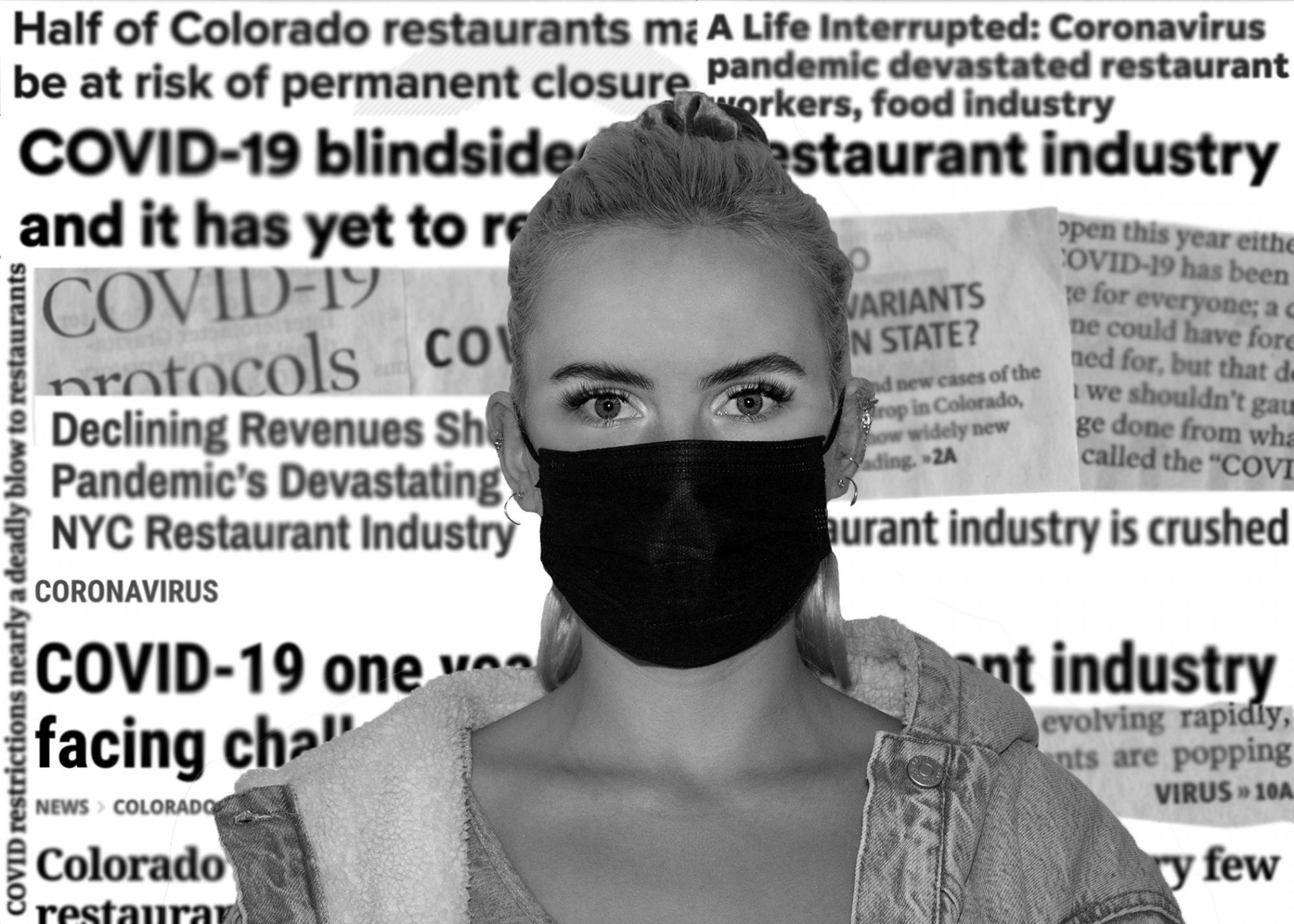 Person wearing a mask in front of a collage of newspaper cut-outs