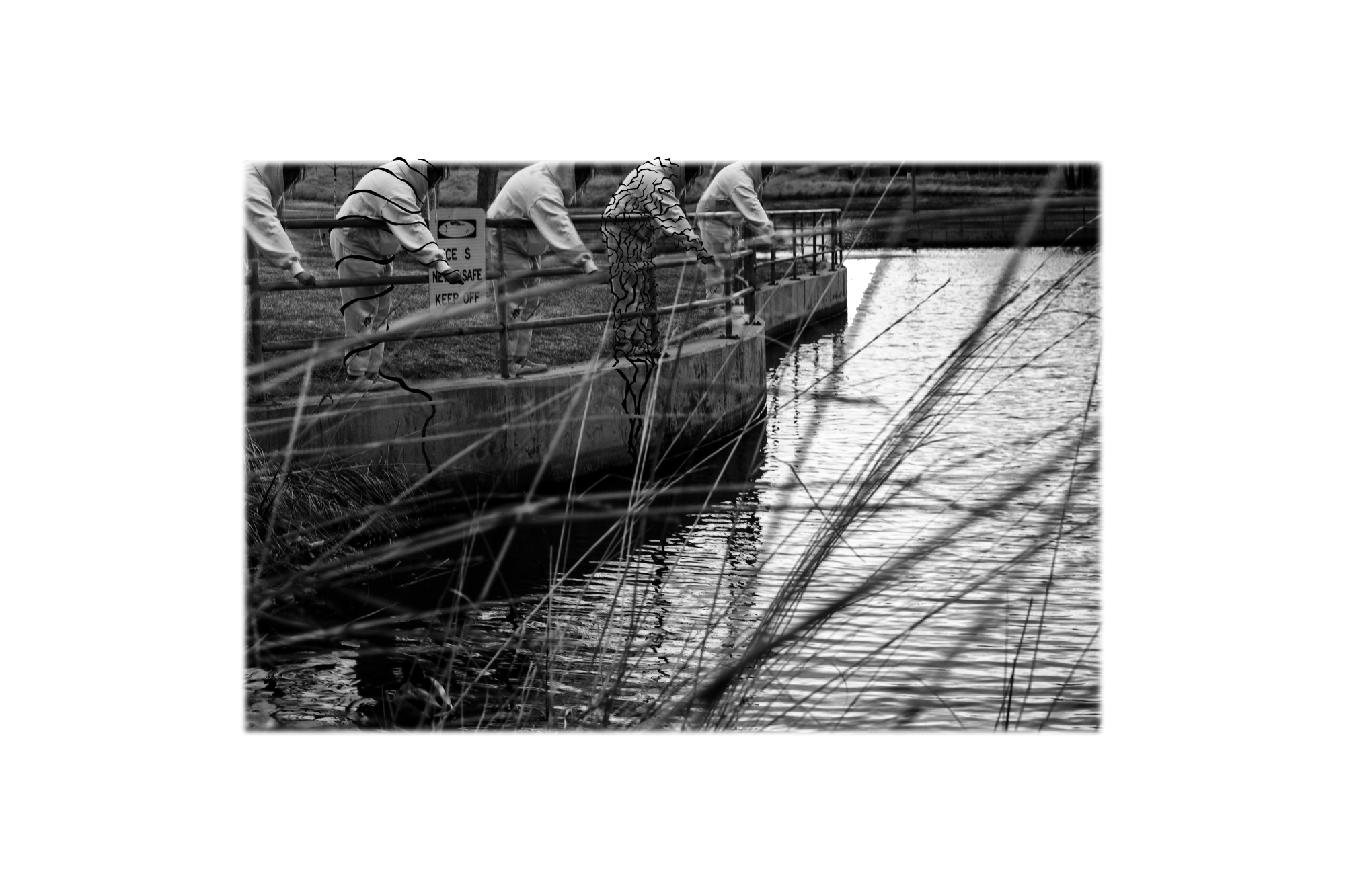 a black and white photo of 5 identical figures standing against a metal railing reaching towards a pond with drawn elements crawling up 2 of the figures