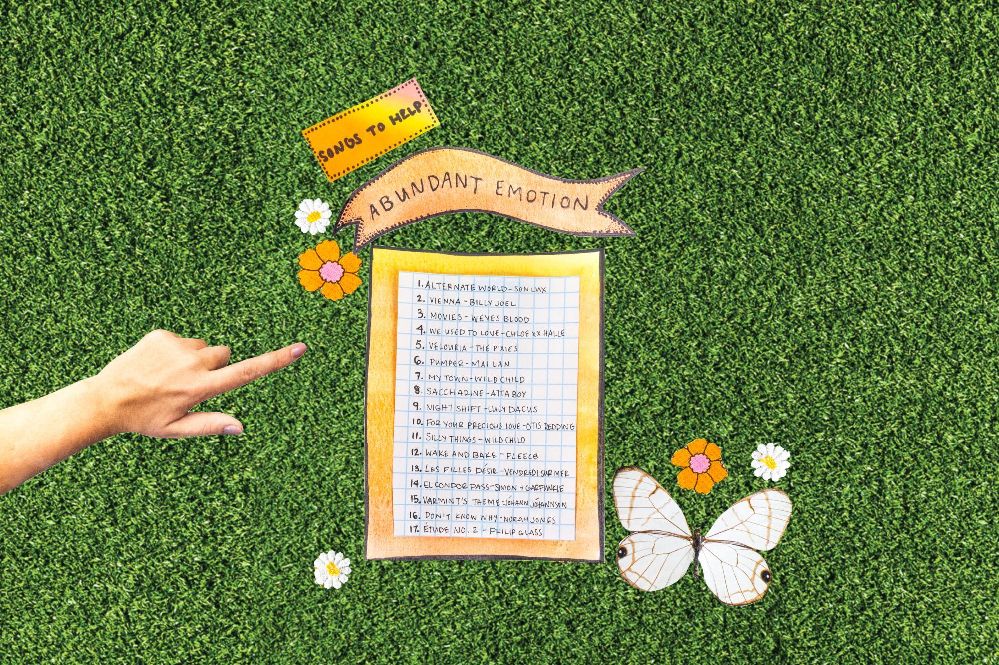 Collage of hand pointing at note paper and butterfly on artificial grass