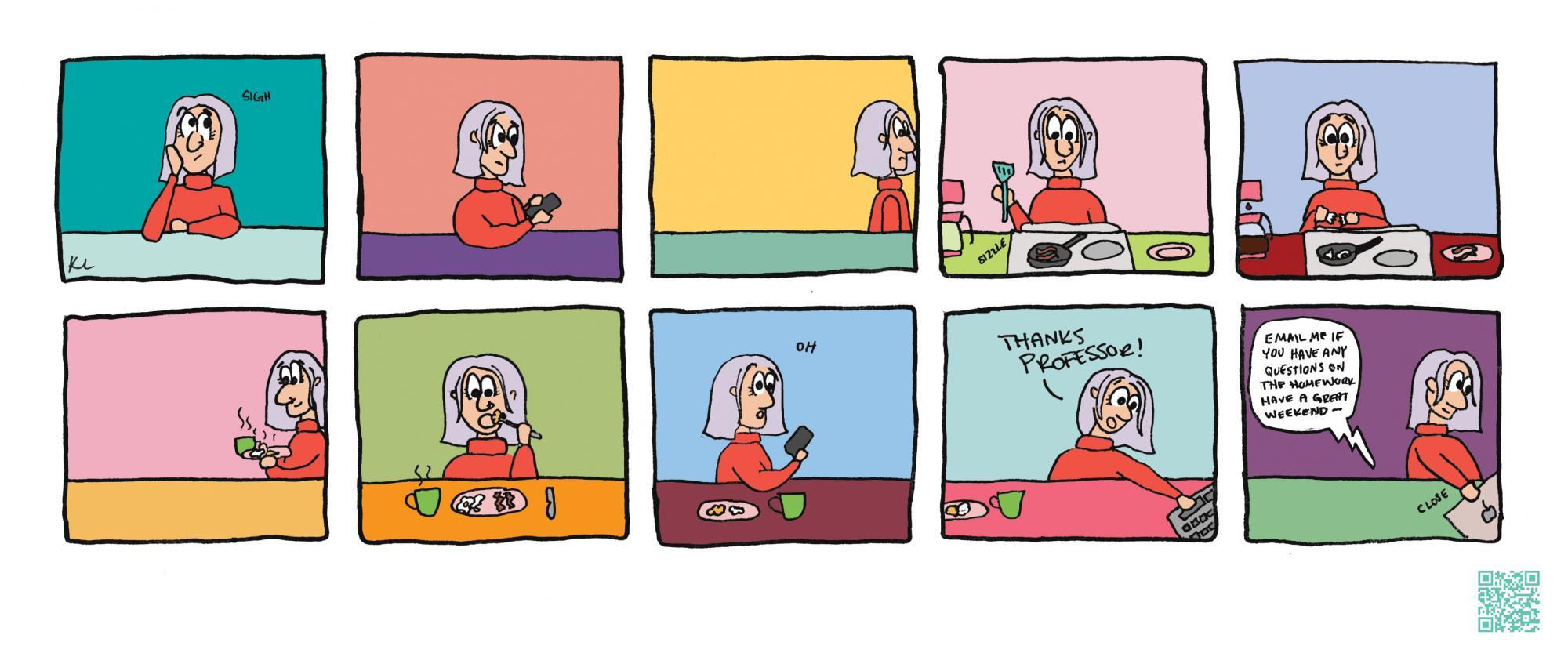 Ten panel comic strip of girl doing classes online