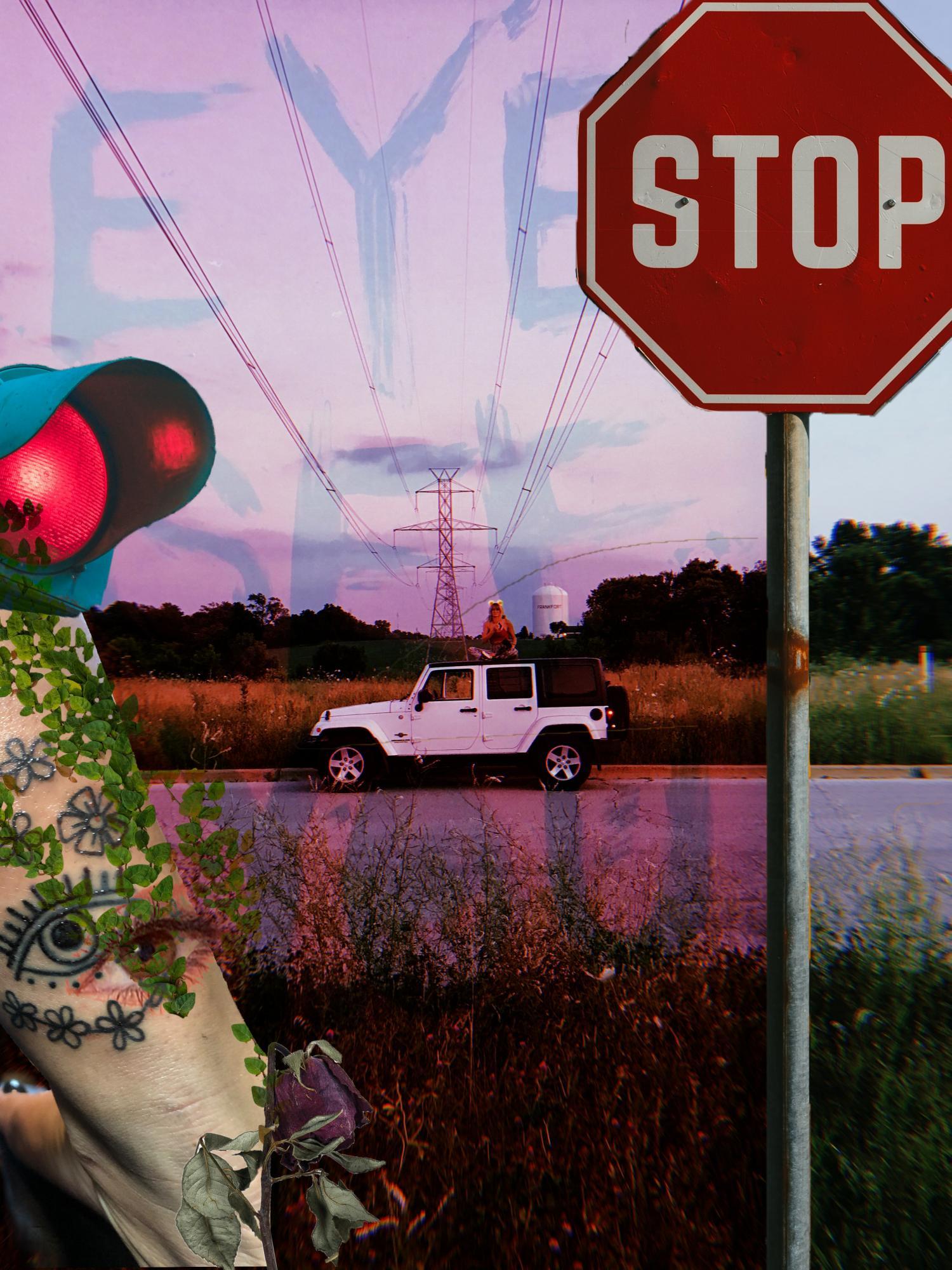 Collage of a jeep, stop-sign and a tattooed leg