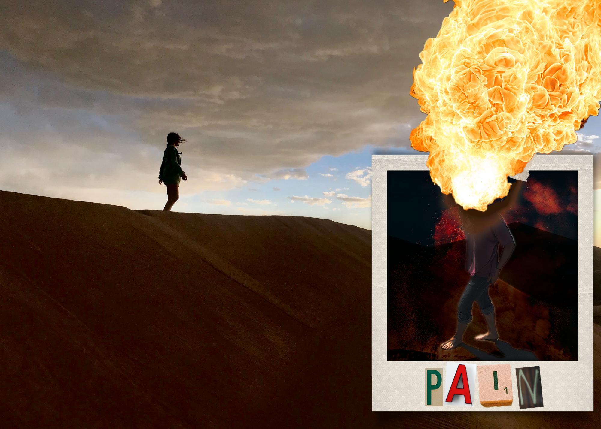 Collage of person on a sand dune, a polaroid and a flame