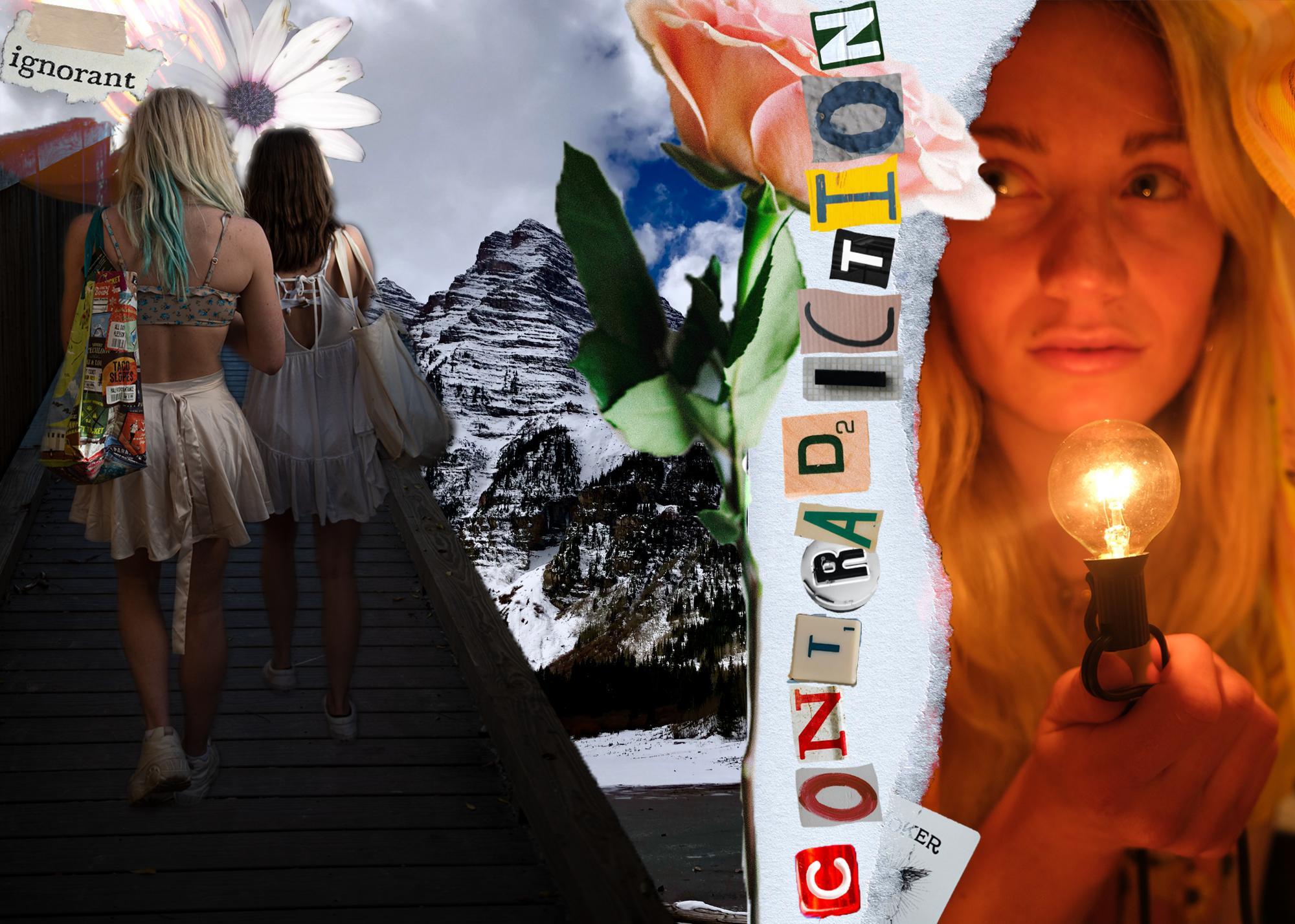 Collage of two women walking down a boardwalk, with cut up newspaper letters and a woman holding a light bulb