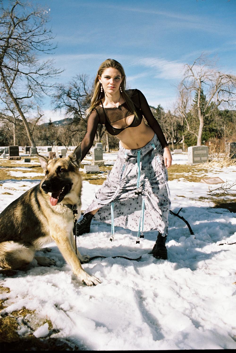 Lizzie posing in Dalmatian Skirt during graveyard photoshoot