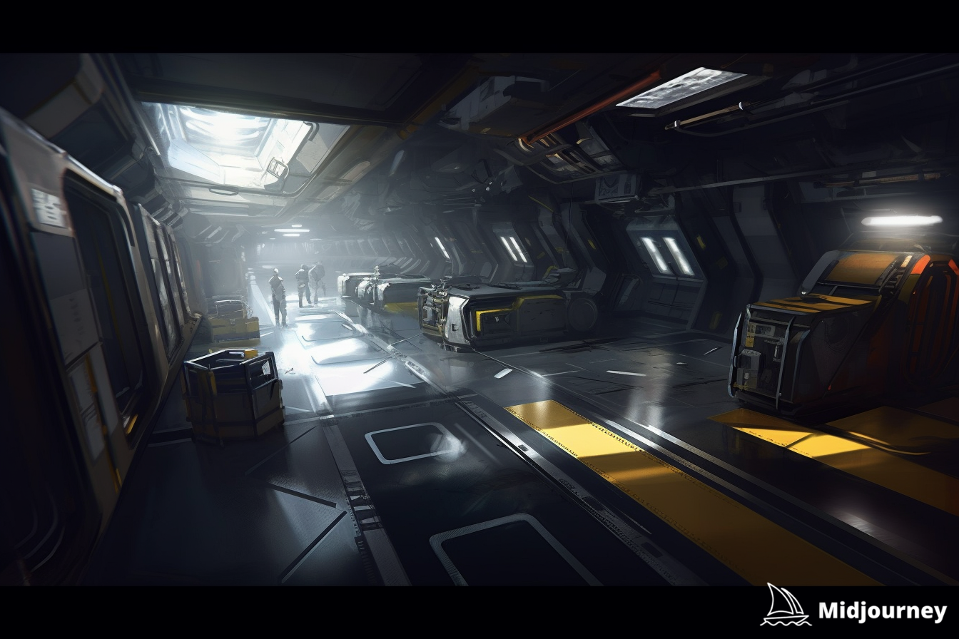 AI concept art painting of sci-fi cargo hold