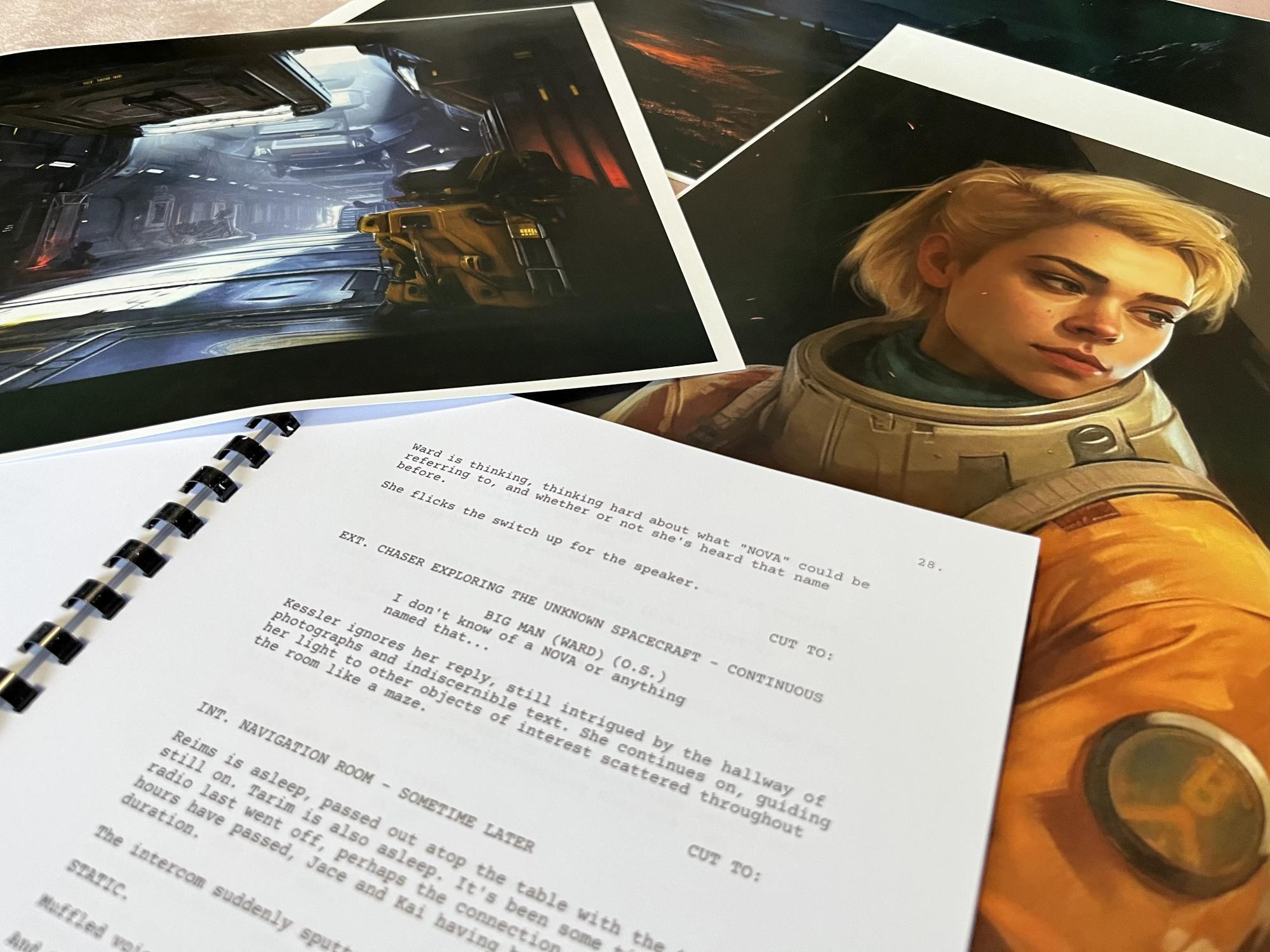 Photograph of physical prints and printed screenplay