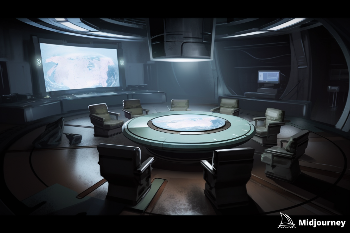 AI concept art painting of navigation room and holographic map table 