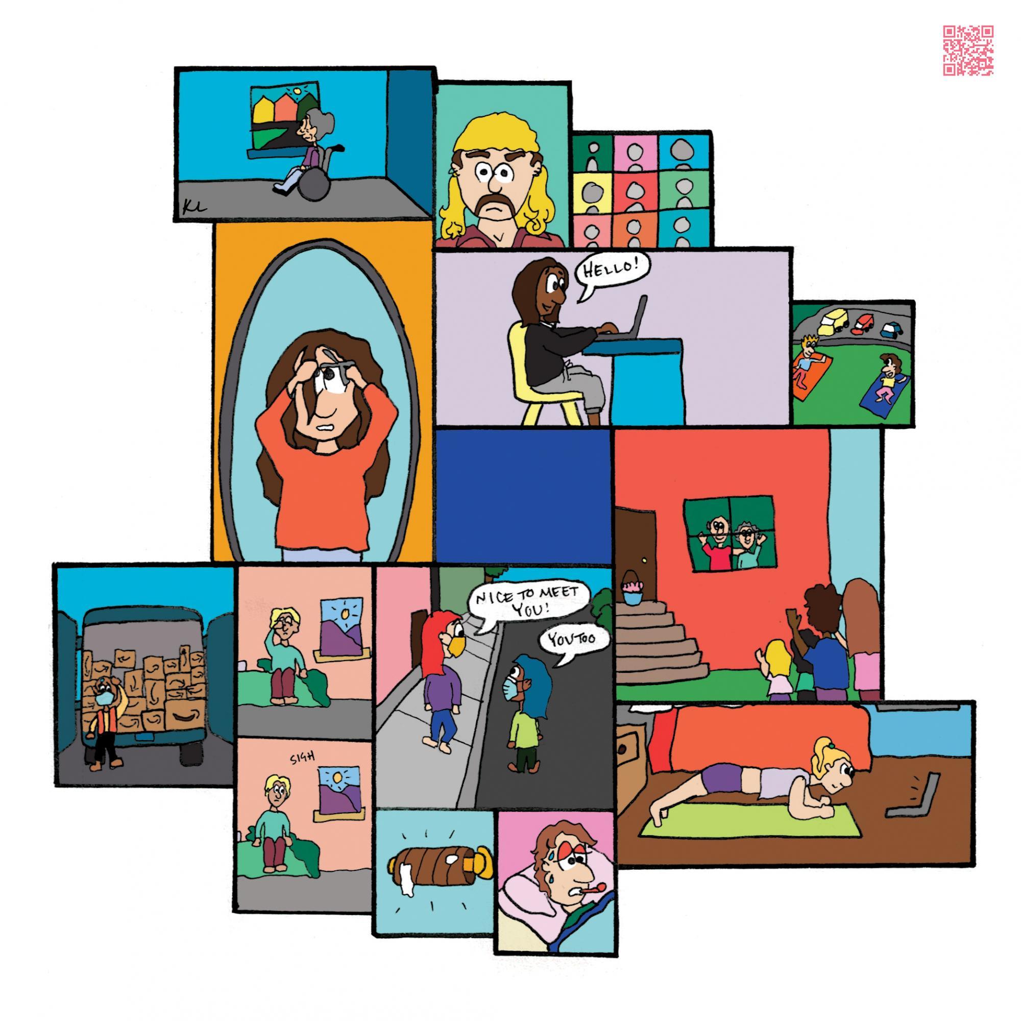 Mosaic collection of single panels depicting moments from the first quarantine.