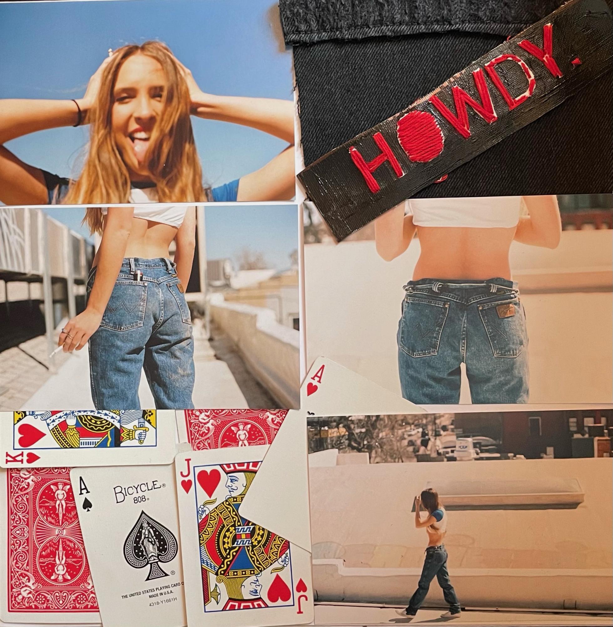 Grunge-look collage of cards, people in jeans, flowers and a badge with the word Howdy