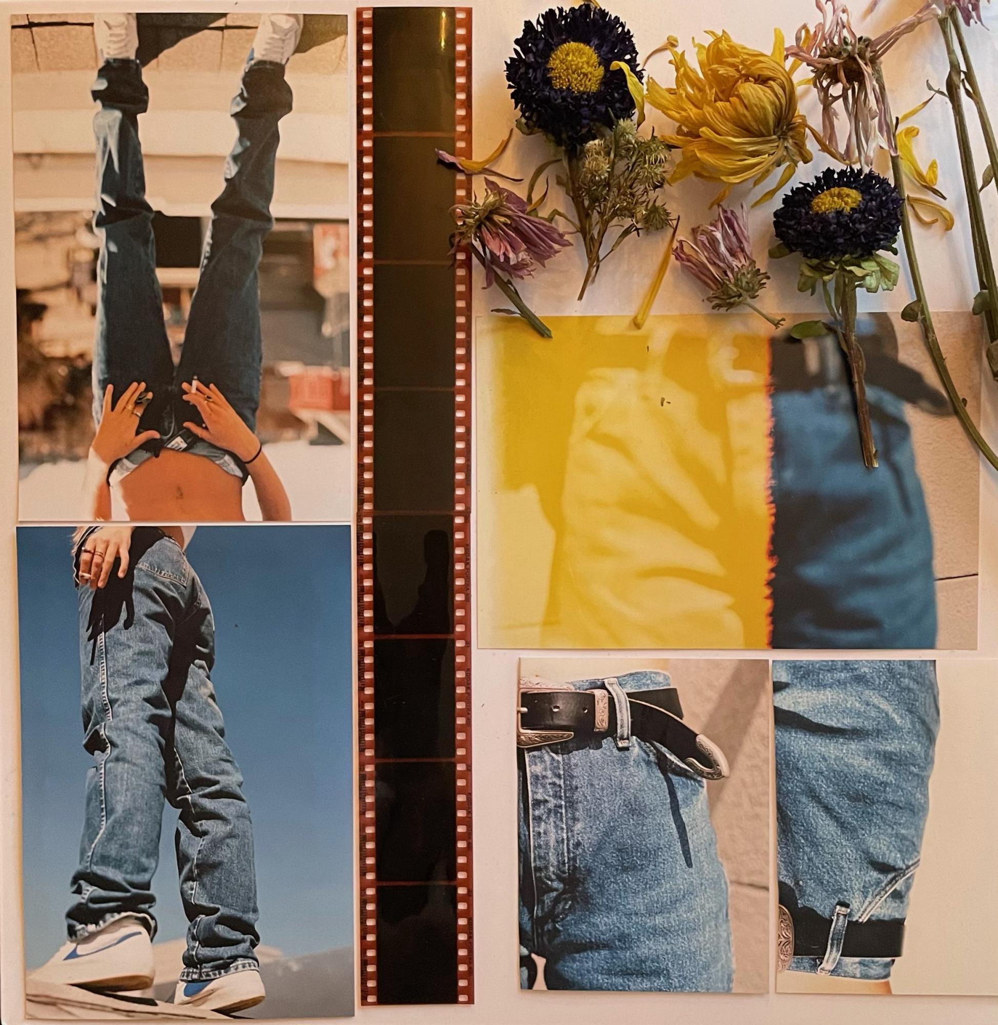 Grunge-look collage of film strip, people in jeans and flowers