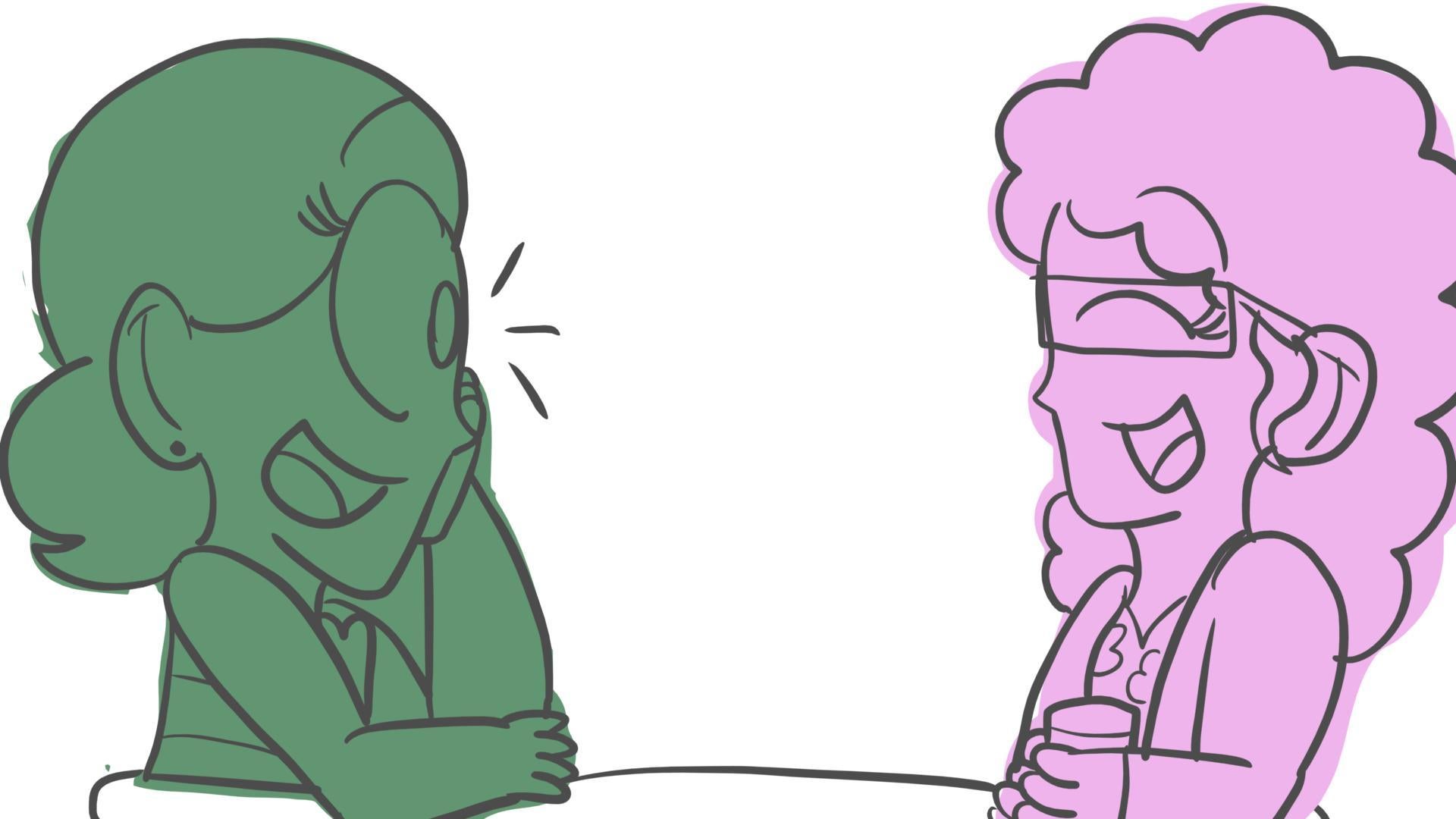Animation of a pink and green girl facing each other