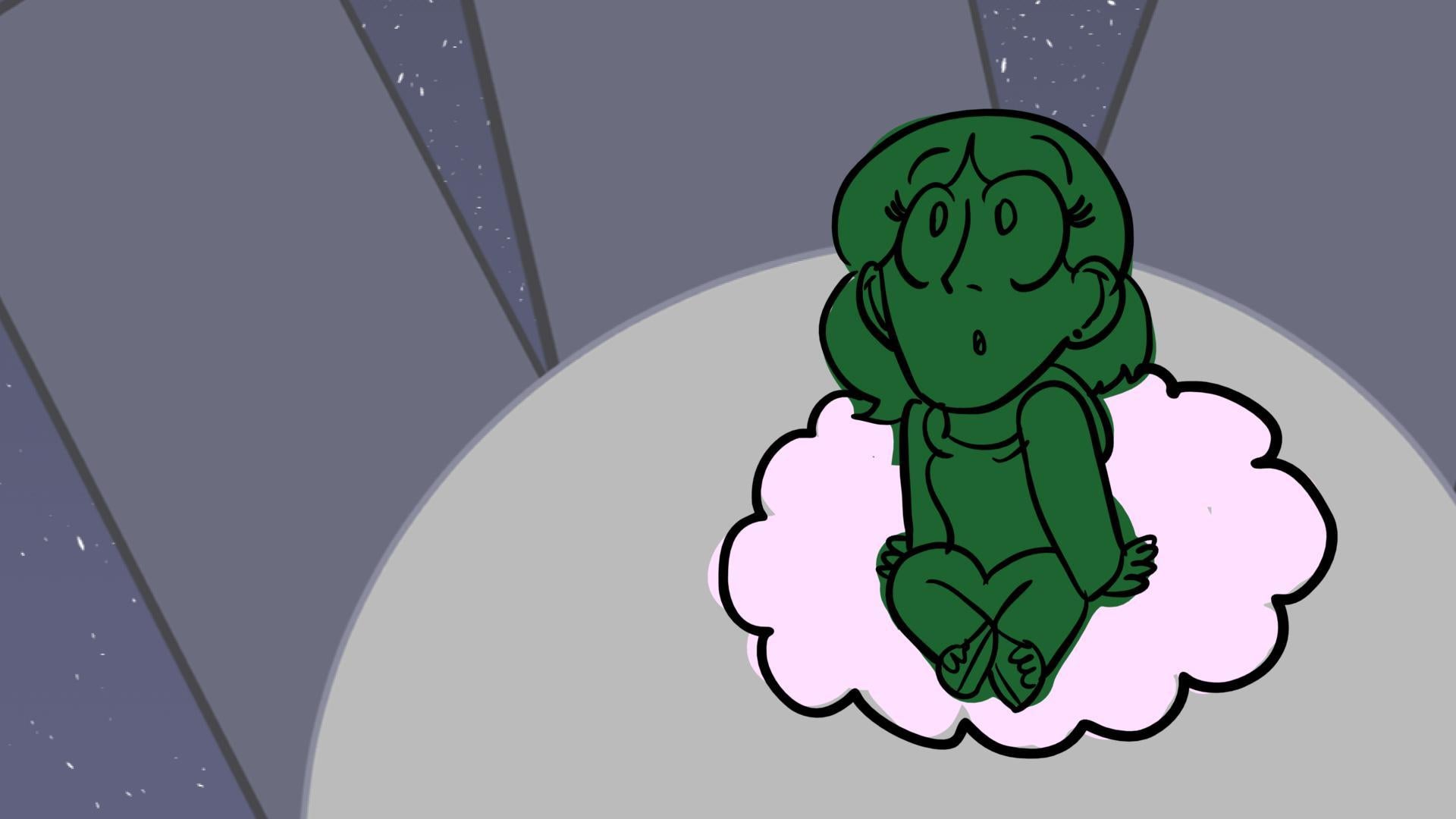 Animation of a green girl sitting on a pink cloud looking up