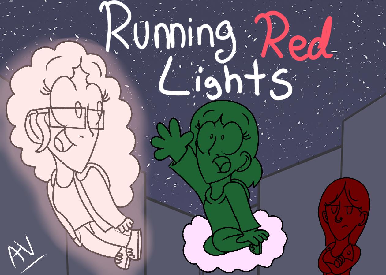 Animation of three people with words "running red lights"