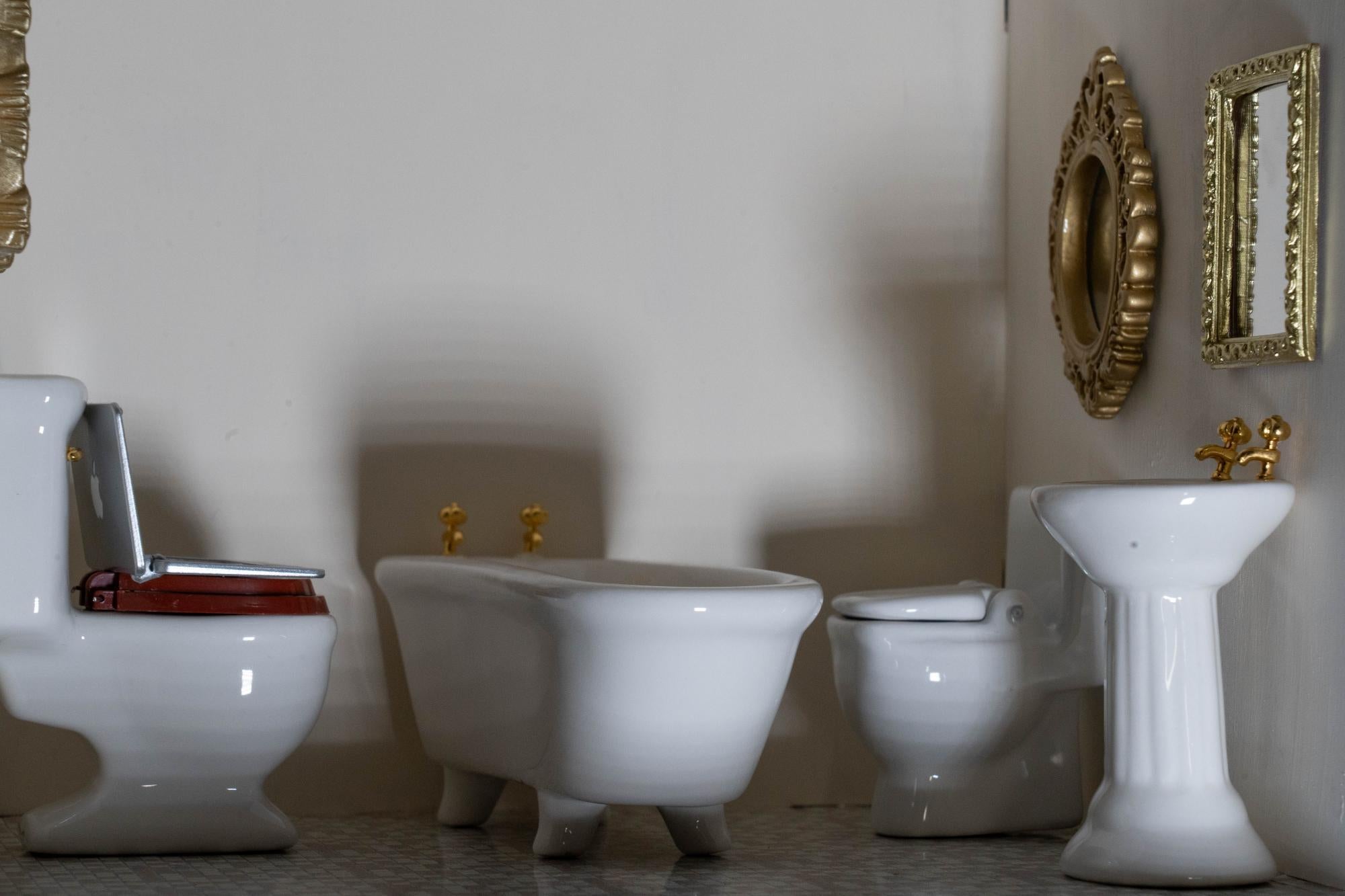 A wide angle shot of the restroom revealing two toilets, a sink, and a tub right in the middle of the room