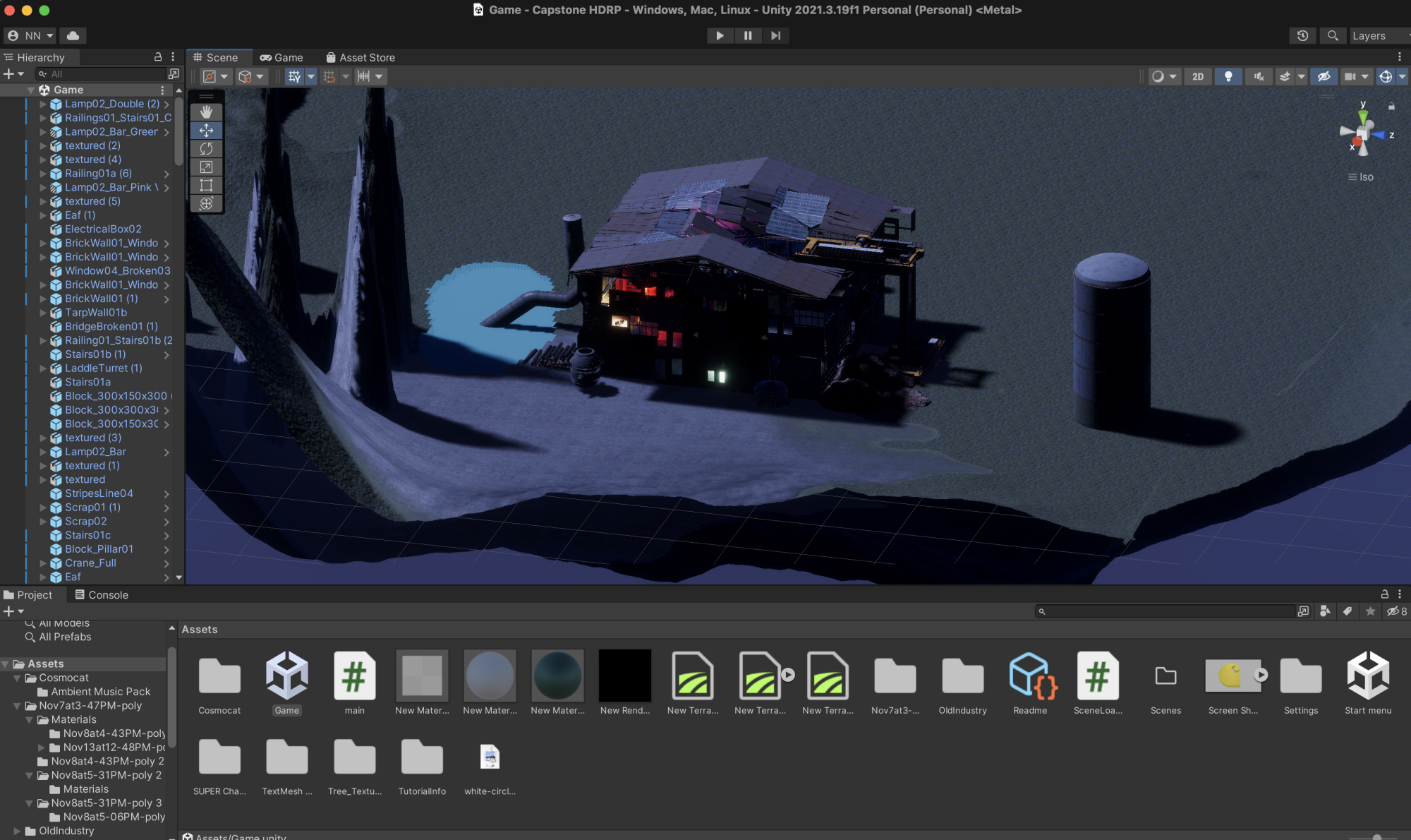 3D render of a large warehouse at night