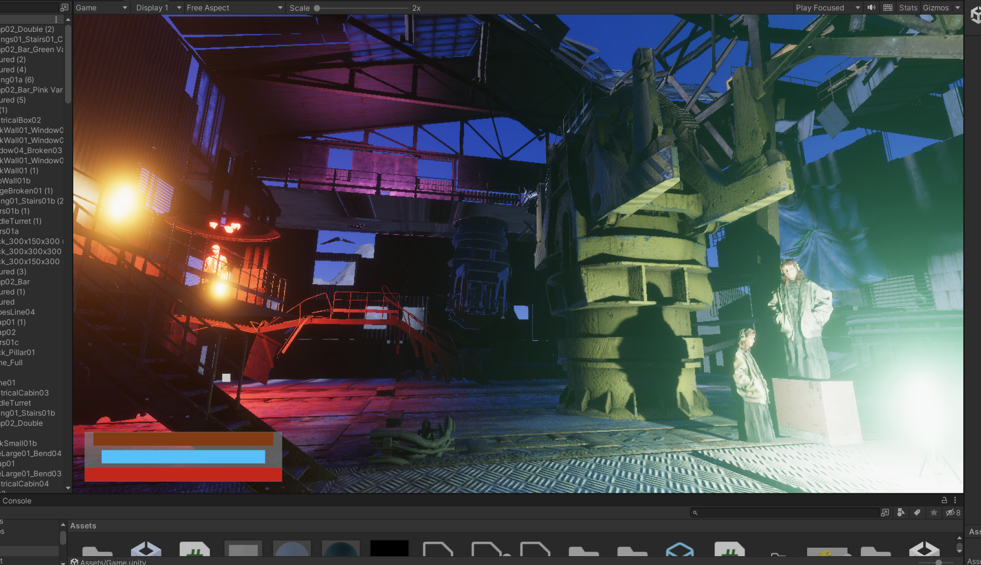 3D render of the inside of a warehouse with many multicolored lights