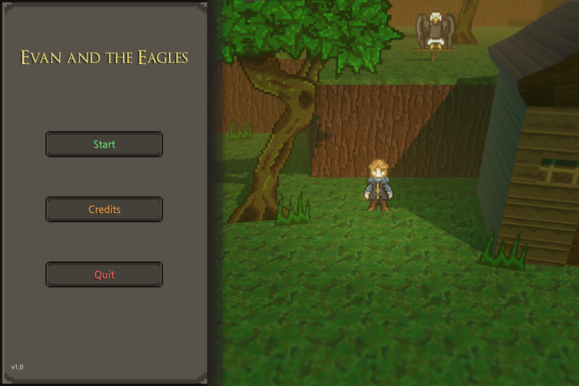 Opening menu screen interface of Evan and the Eagles game with avatar in a garden