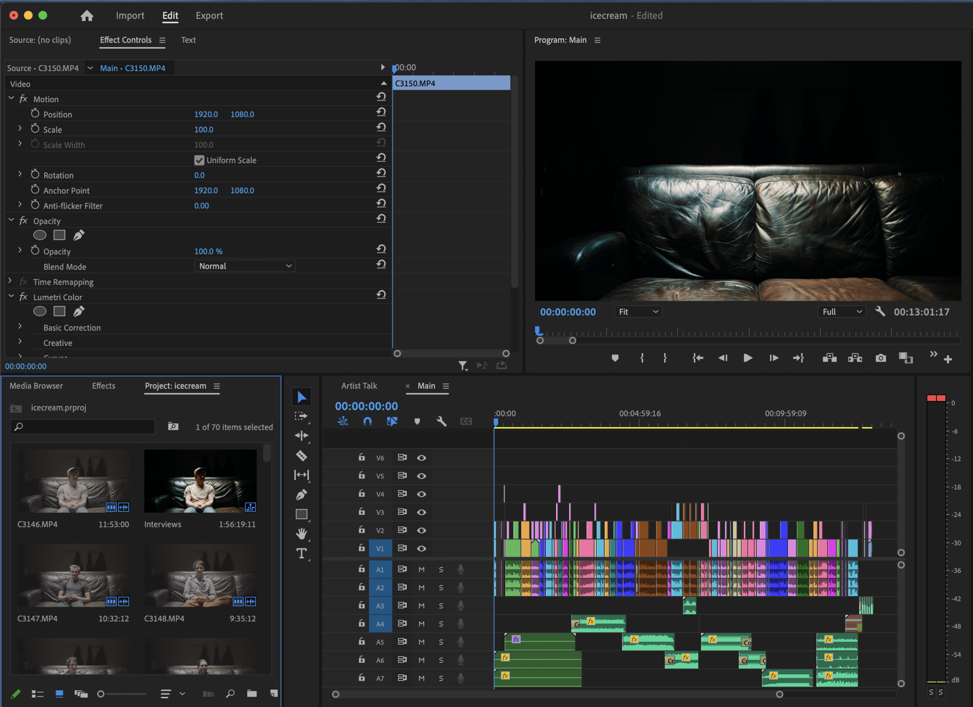 Screenshot of project file with sound, clips in color order based on who said what.
