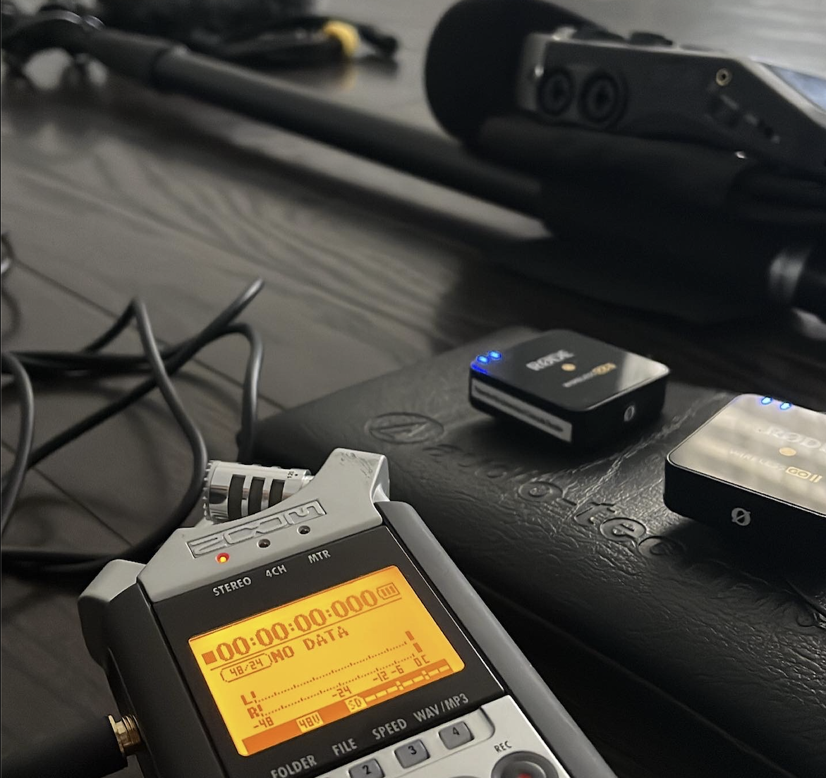audio recorders, boom pole, and lavalier microphones