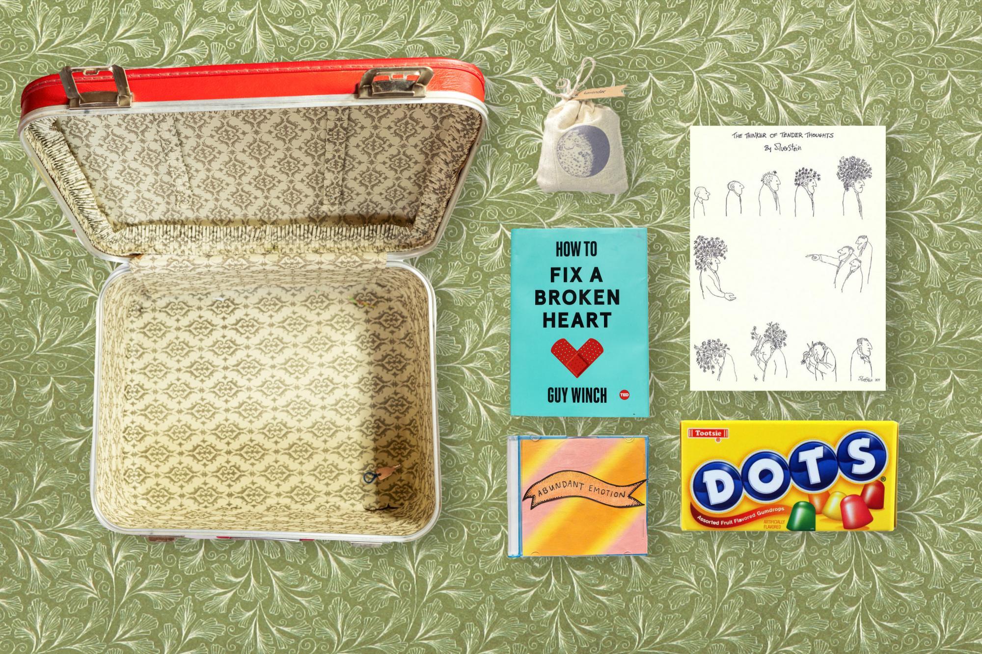Collage of suitcase with items unpacked