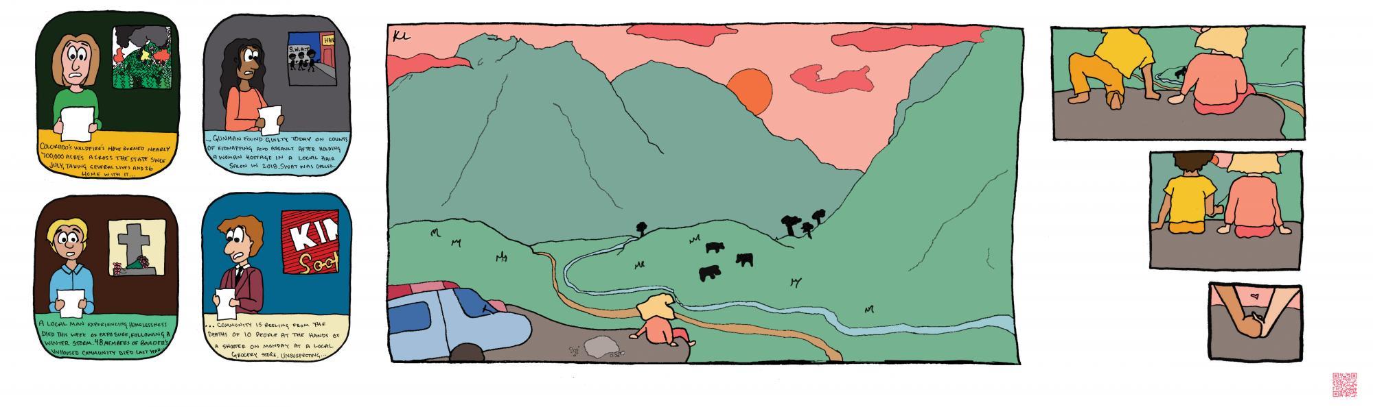 Four panels show news hosts documenting several of Boulder's recent tragedies