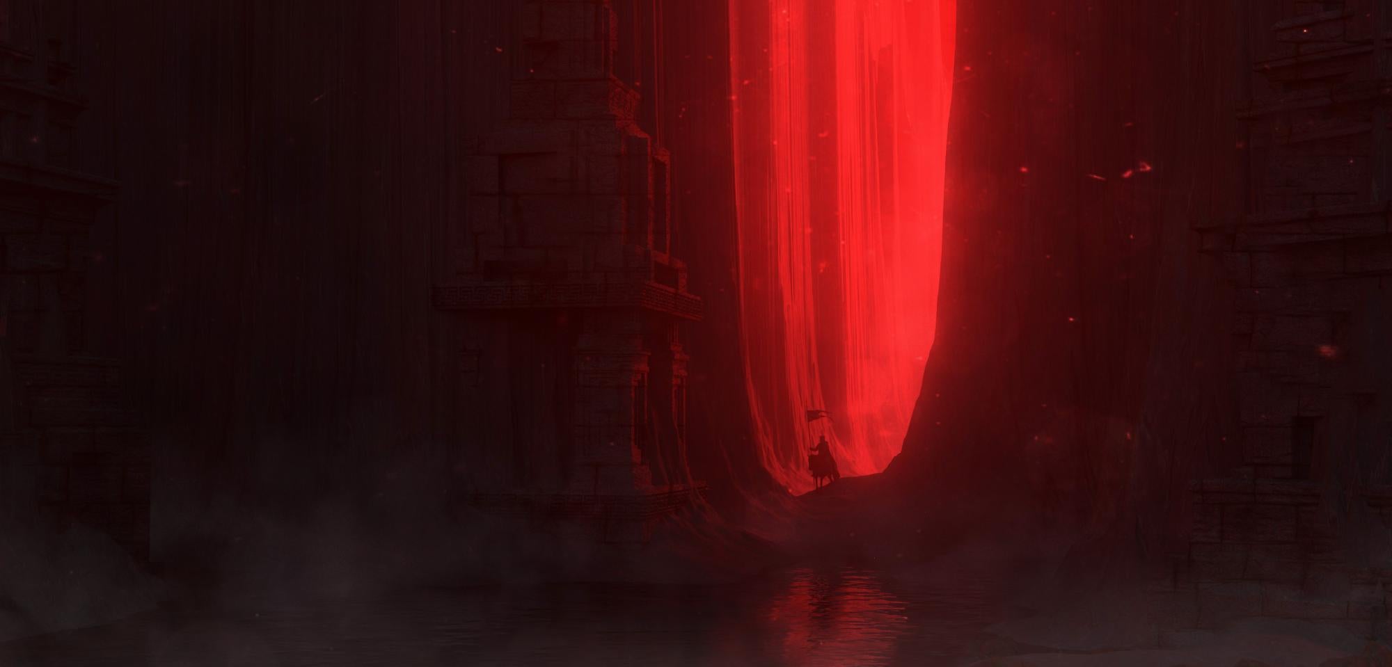 Abyss presents a hooded figure in an icy cave walking towards a hexagonal portal of some sort