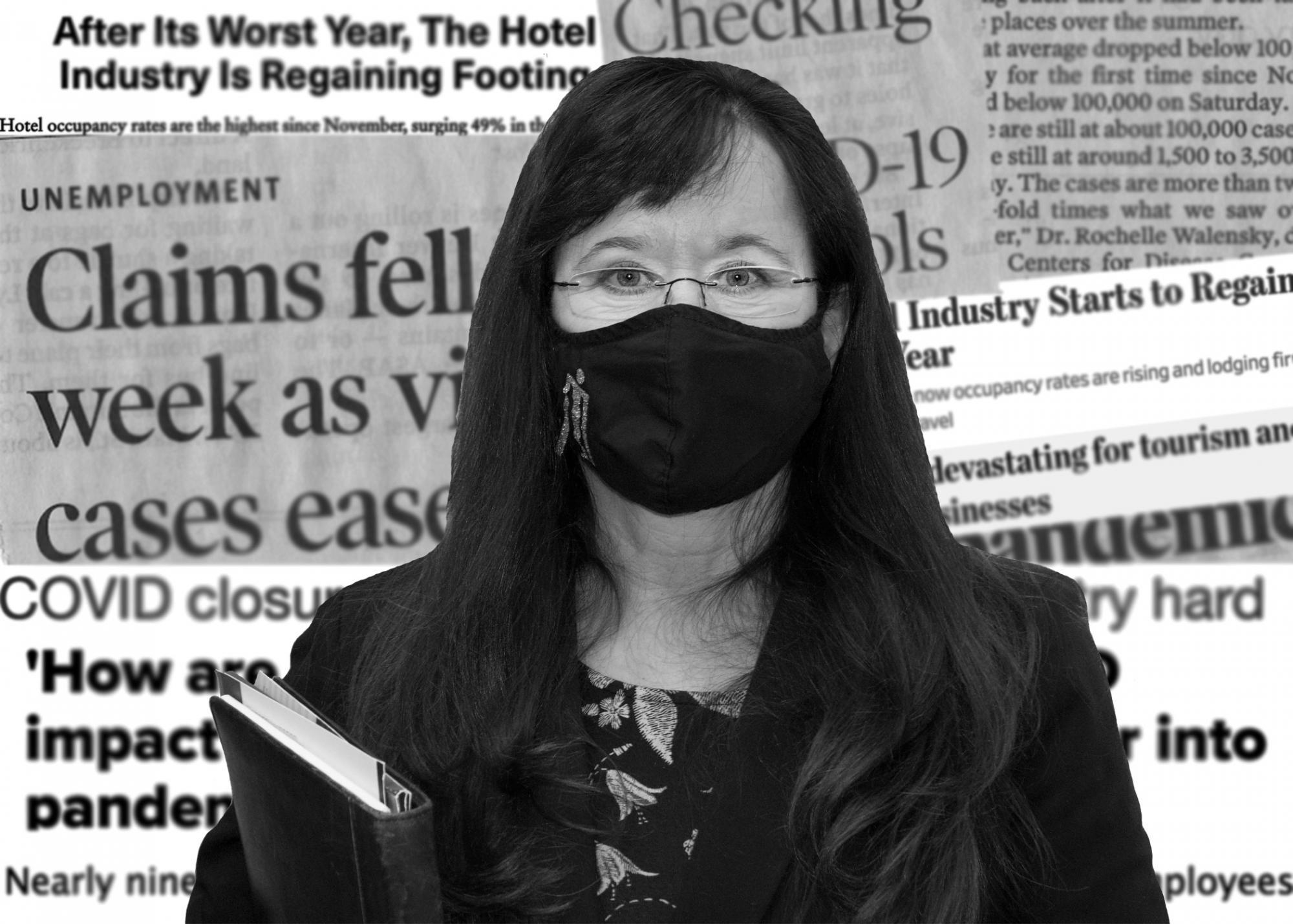 Person wearing a mask in front of a collage of newspaper cut-outs