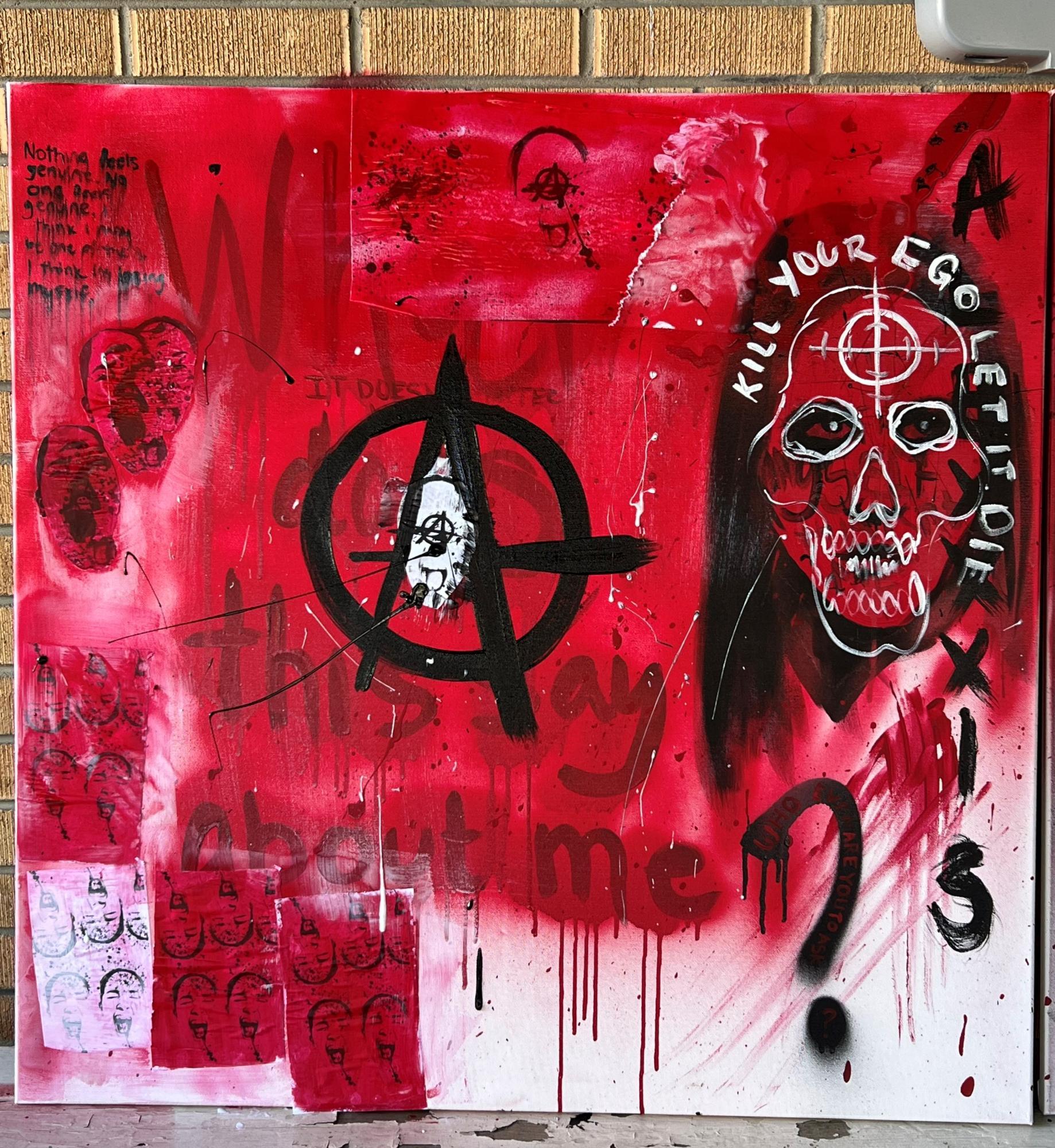 painting of skull on red background