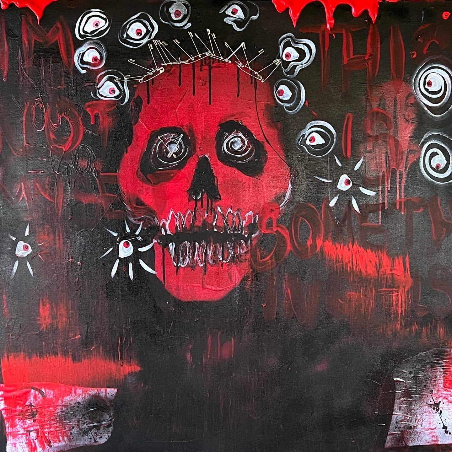 painting of skull on red background