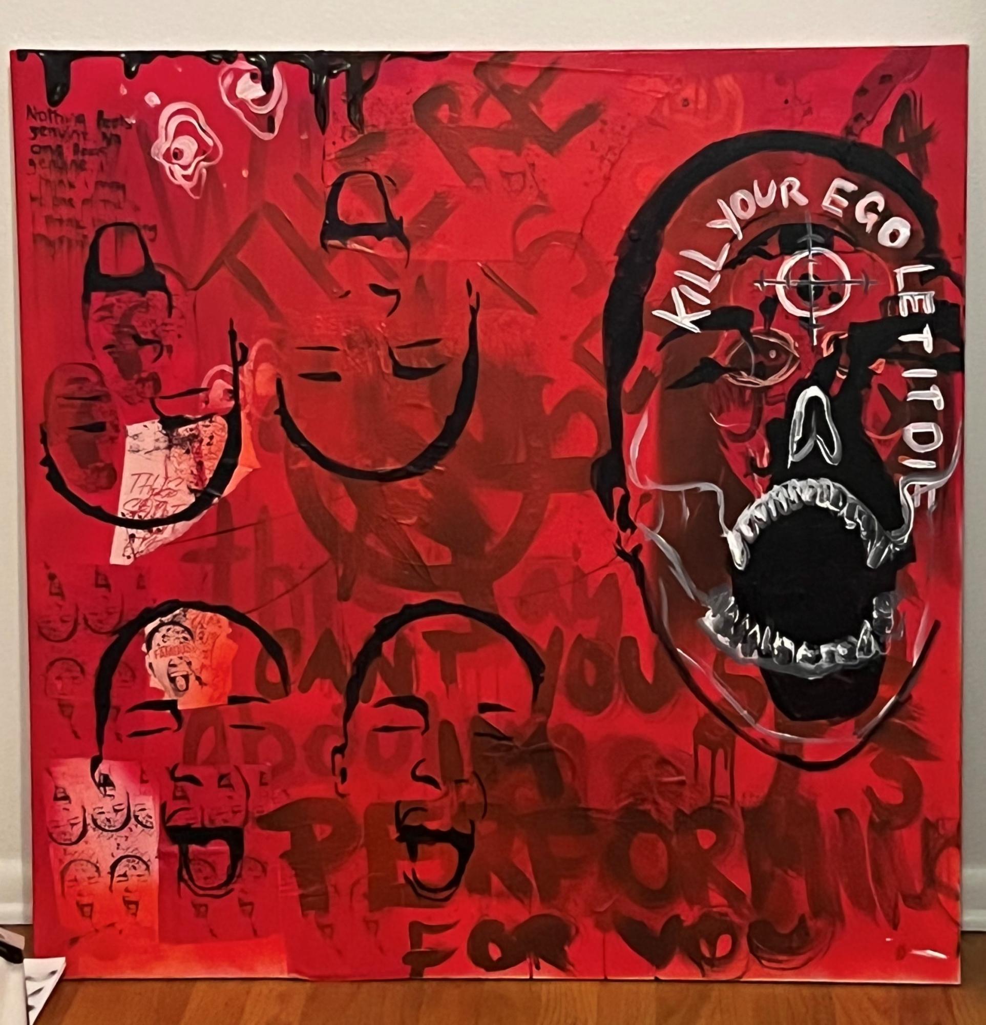 painting of skull on red background