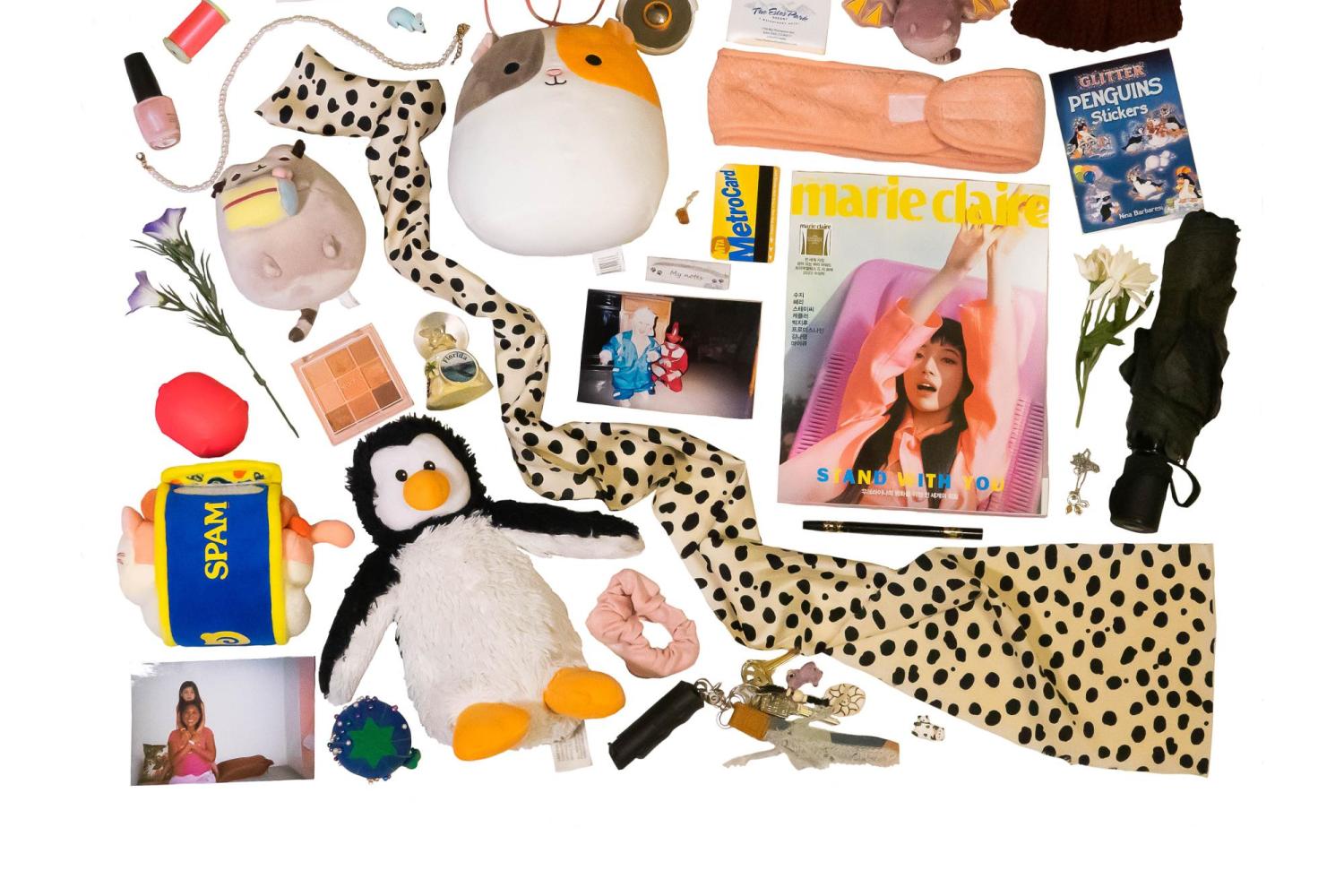 A flat-lay style collage featuring a collection of material objects belonging to Alyssa