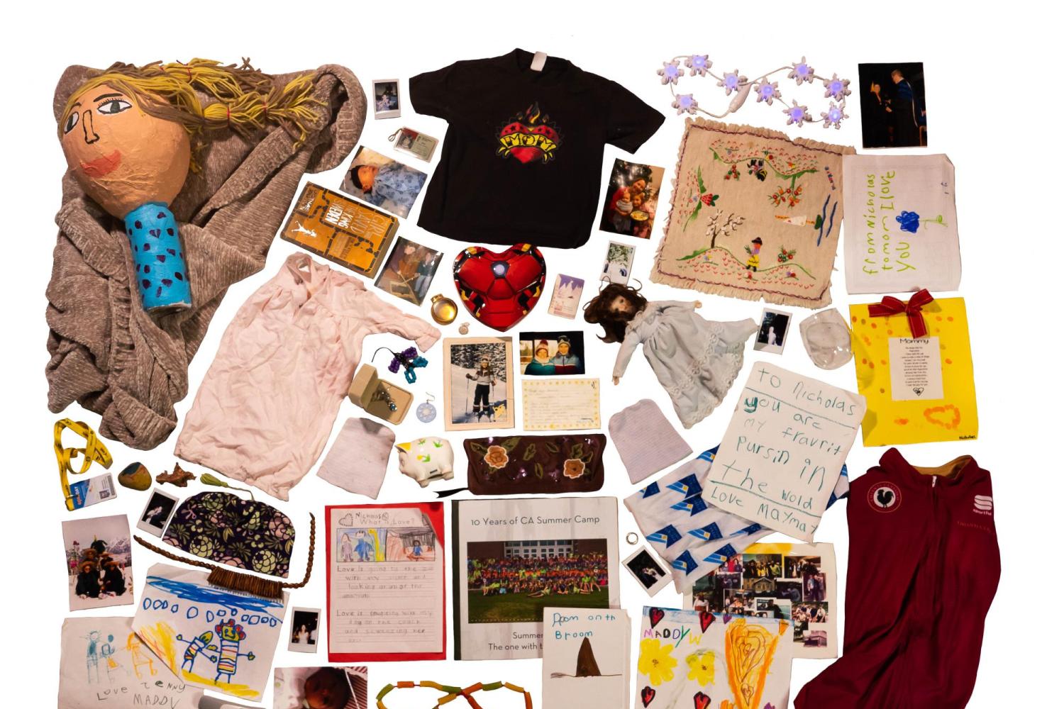 flat-lay style collage featuring a collection of material objects belonging to Jenny