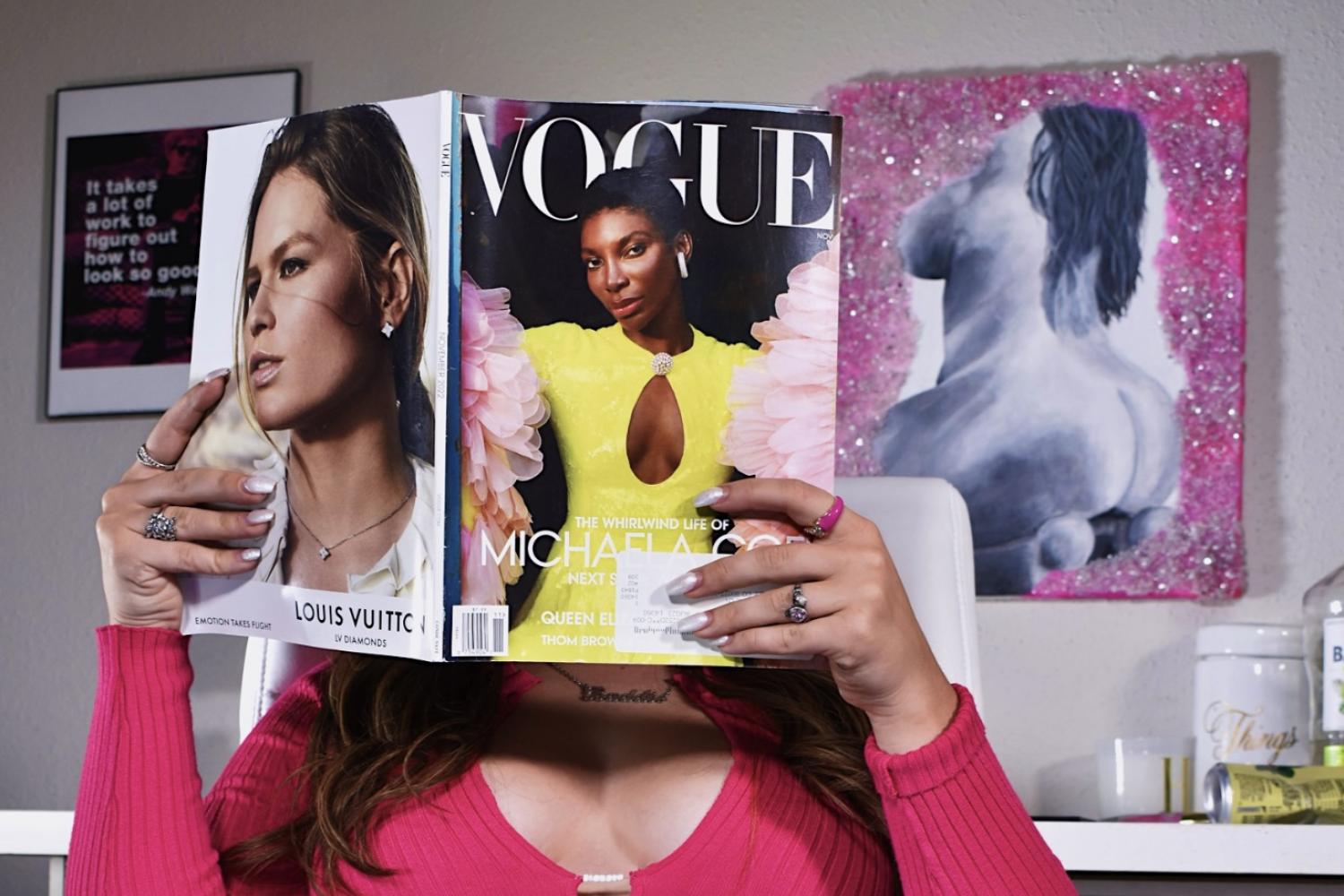 This photograph from series 2, titled "Drunk Rich Bitch," is my favorite in the series. The composition features the subject's room, with a vogue magazine adding to the aesthetic. The subject's posture is captured, while her face remains hidden from view.