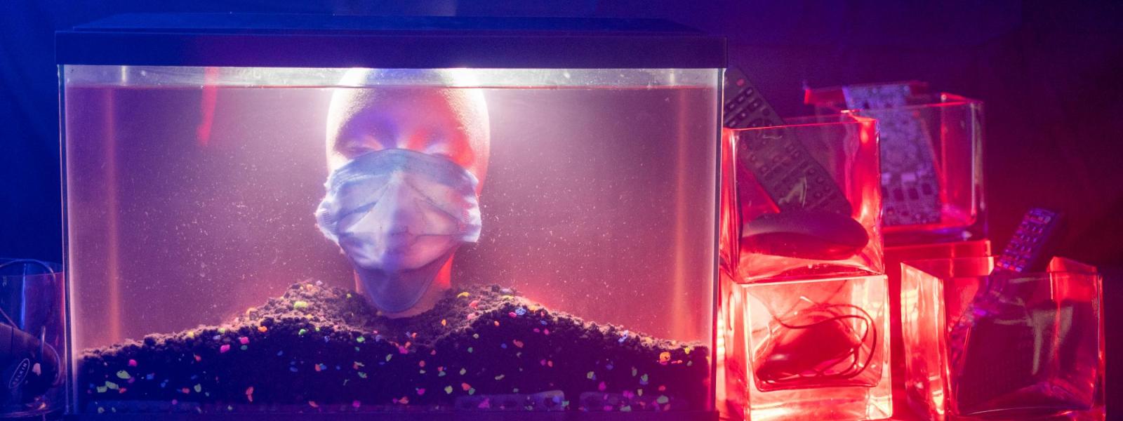 Fish tank filled with a plastic head and other glass vases filled with household objects