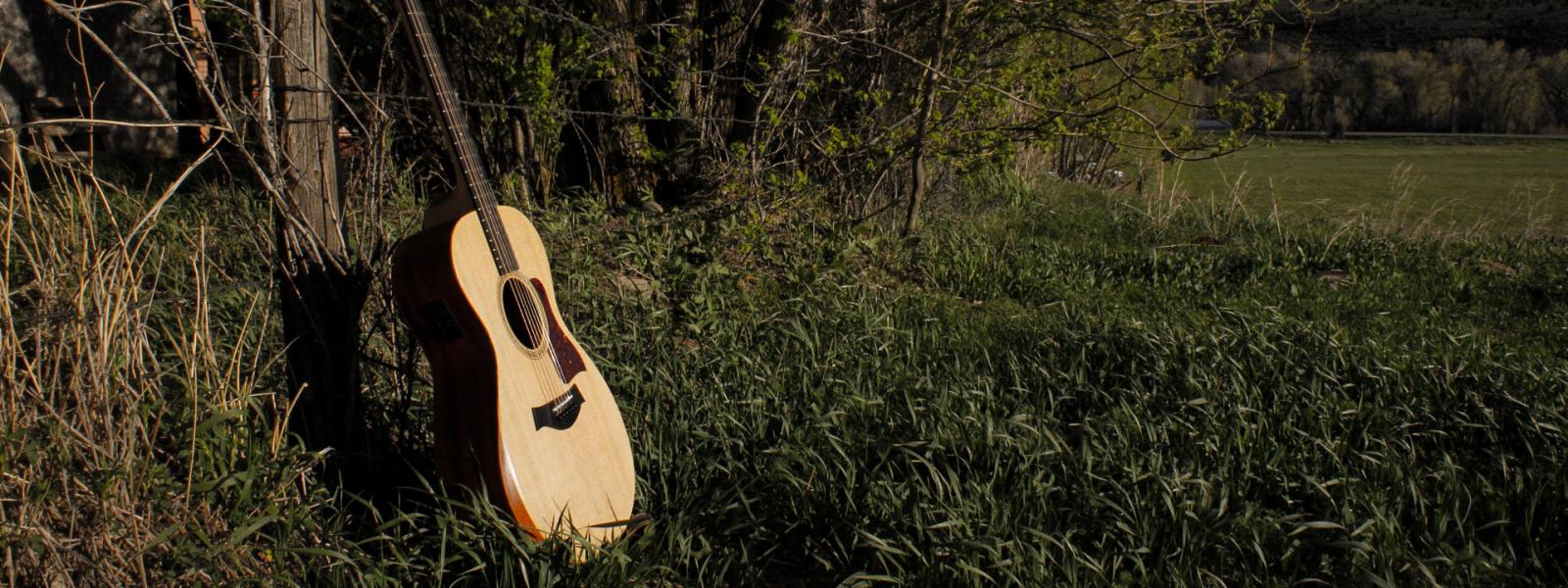 guitar propped on a fence