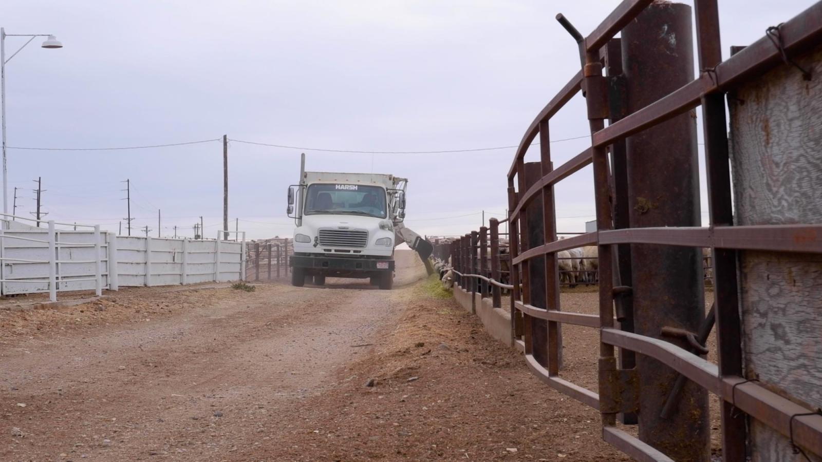 A truck driving through a farm