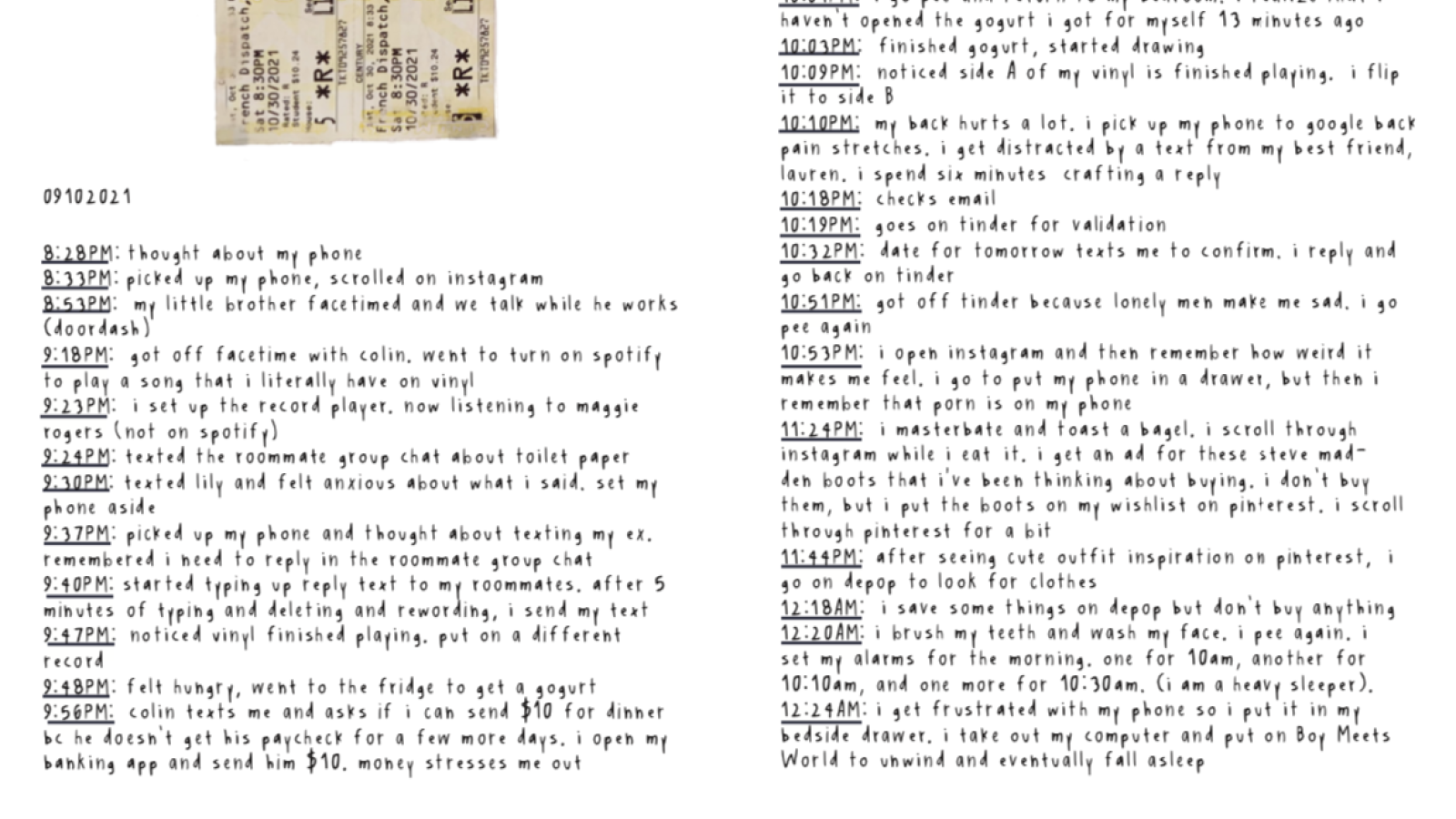 layout from my photobook. Across the spread, is a handwritten phone timelog. At the top of the left spread, there is a scan of a physical movie ticket for decoration.