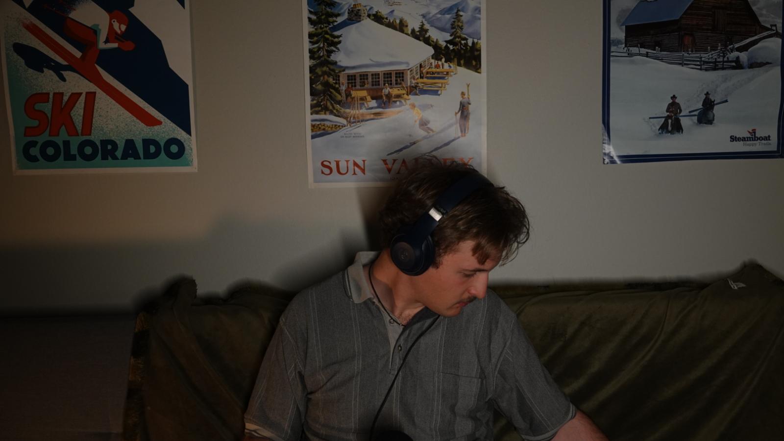 Photo of person while recording audio for the voice over track
