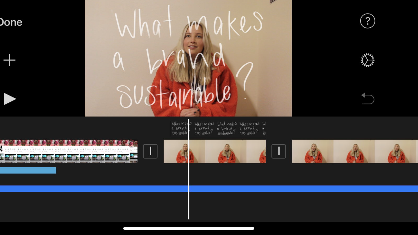 This screenshot also shows a section of the editing. It has the cut clips of visuals and sound at the bottom and on top is a freeze frame of my documentary. The photo showcases one of my interviewees and there is handwritten writing over the woman that states, “what makes a brand sustainable?”